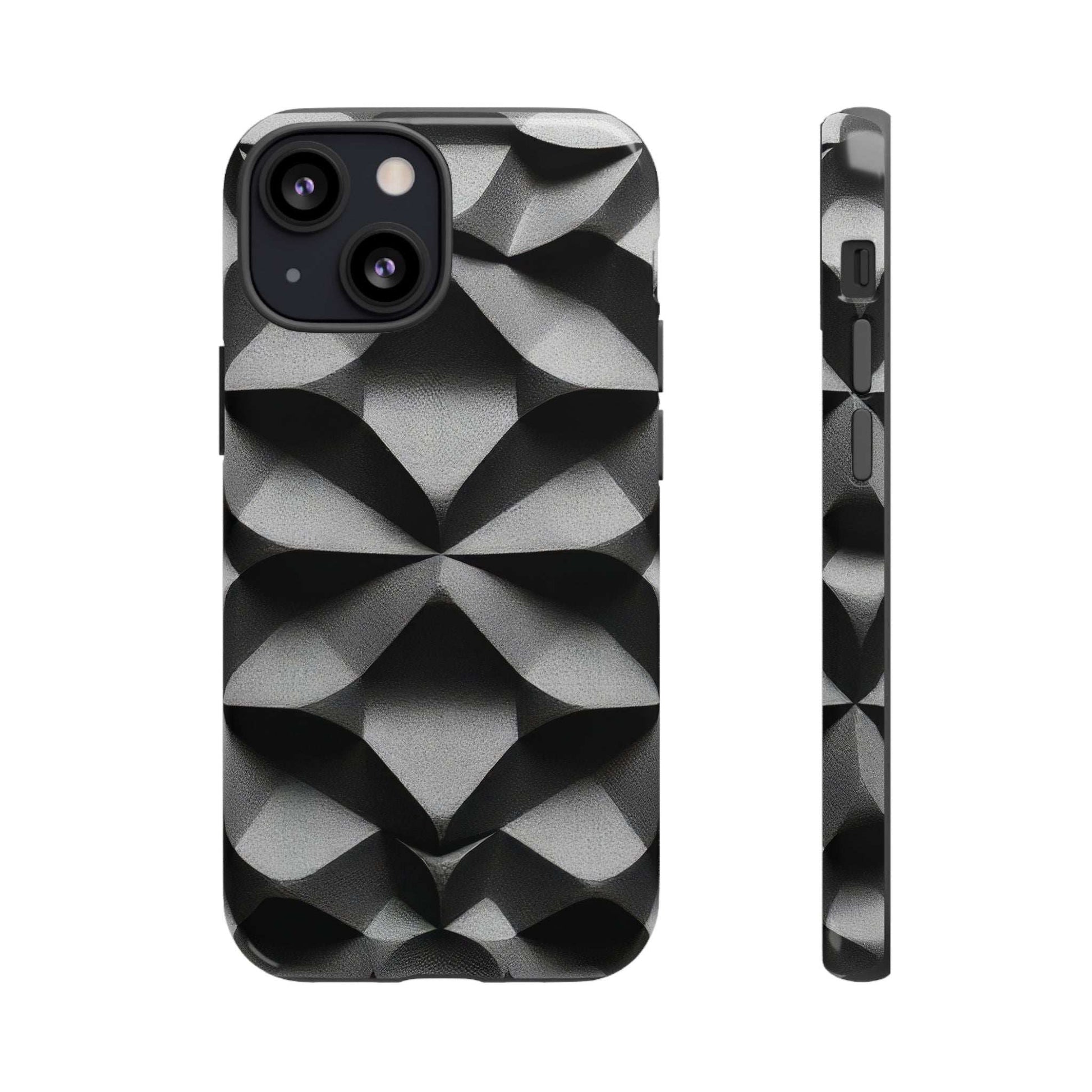 Black phone case with geometric diamond pattern, camera cutouts and slim side profile
