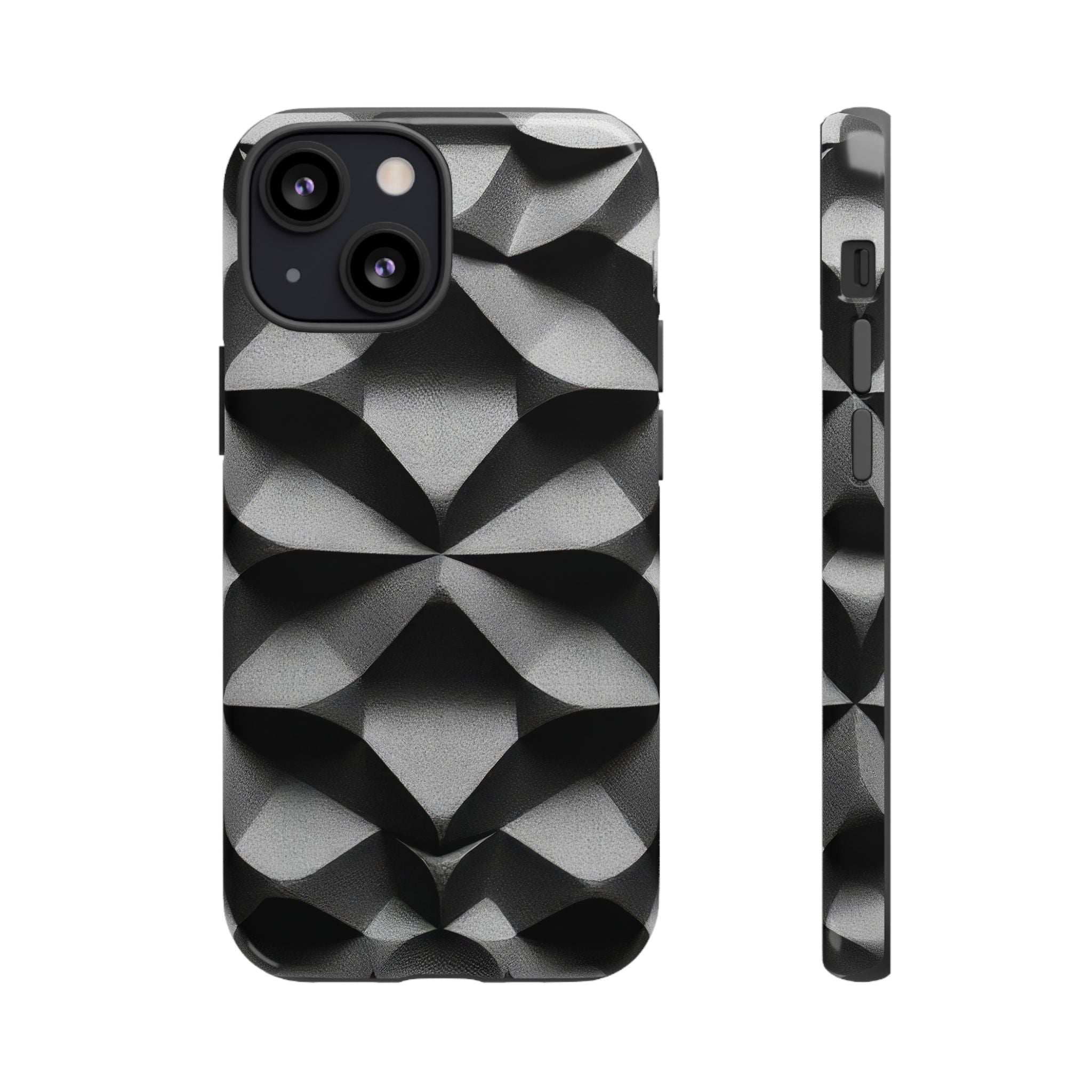Black phone case with geometric diamond pattern, camera cutouts and slim side profile