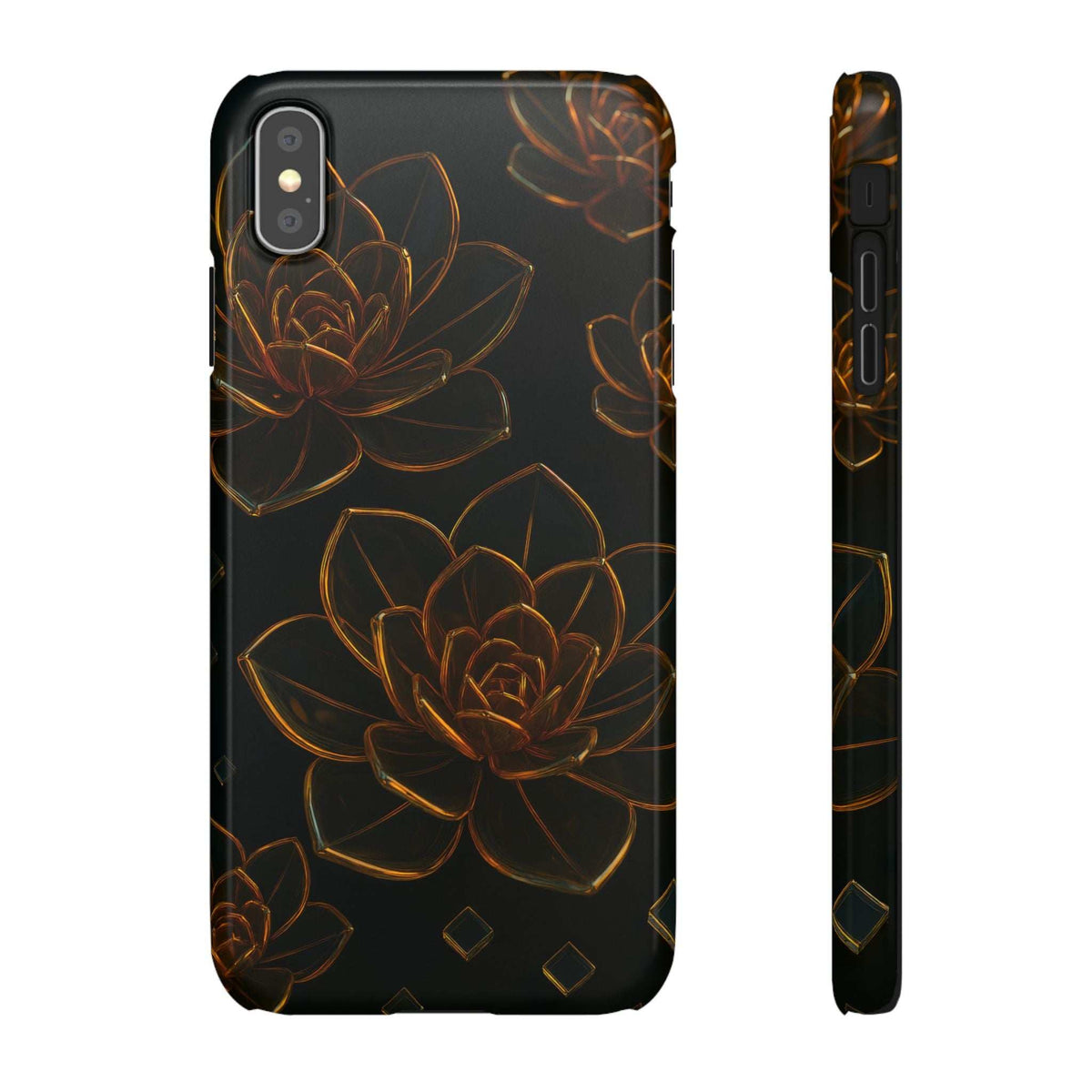 Glossy glass phone case, black with gold flower line art; shows back and side edge profile