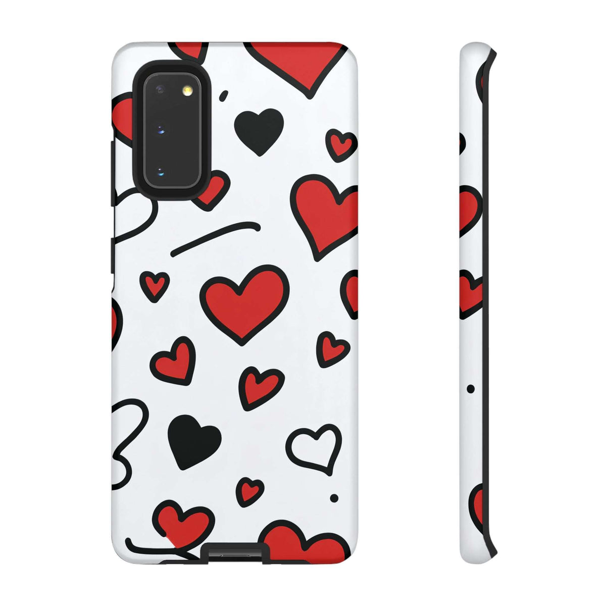 White phone case showing scattered red and black hearts; side profile and camera opening.