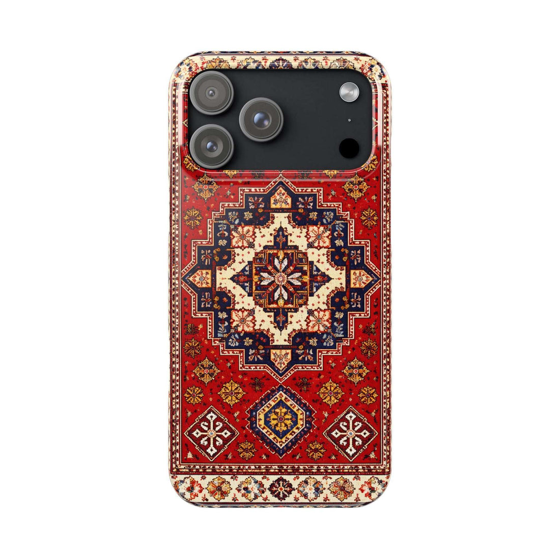Red and blue ornamental patterned phone case with cutouts for camera and flash.