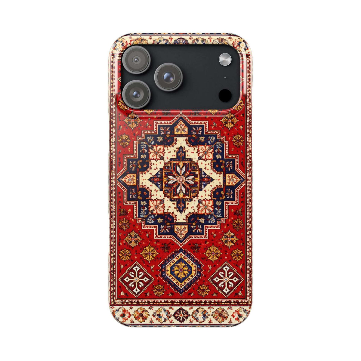 Red and blue ornamental patterned phone case with cutouts for camera and flash.