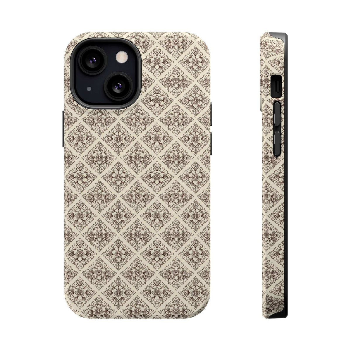Beige ornate phone case with repeating diamond floral design; side view shows buttons.