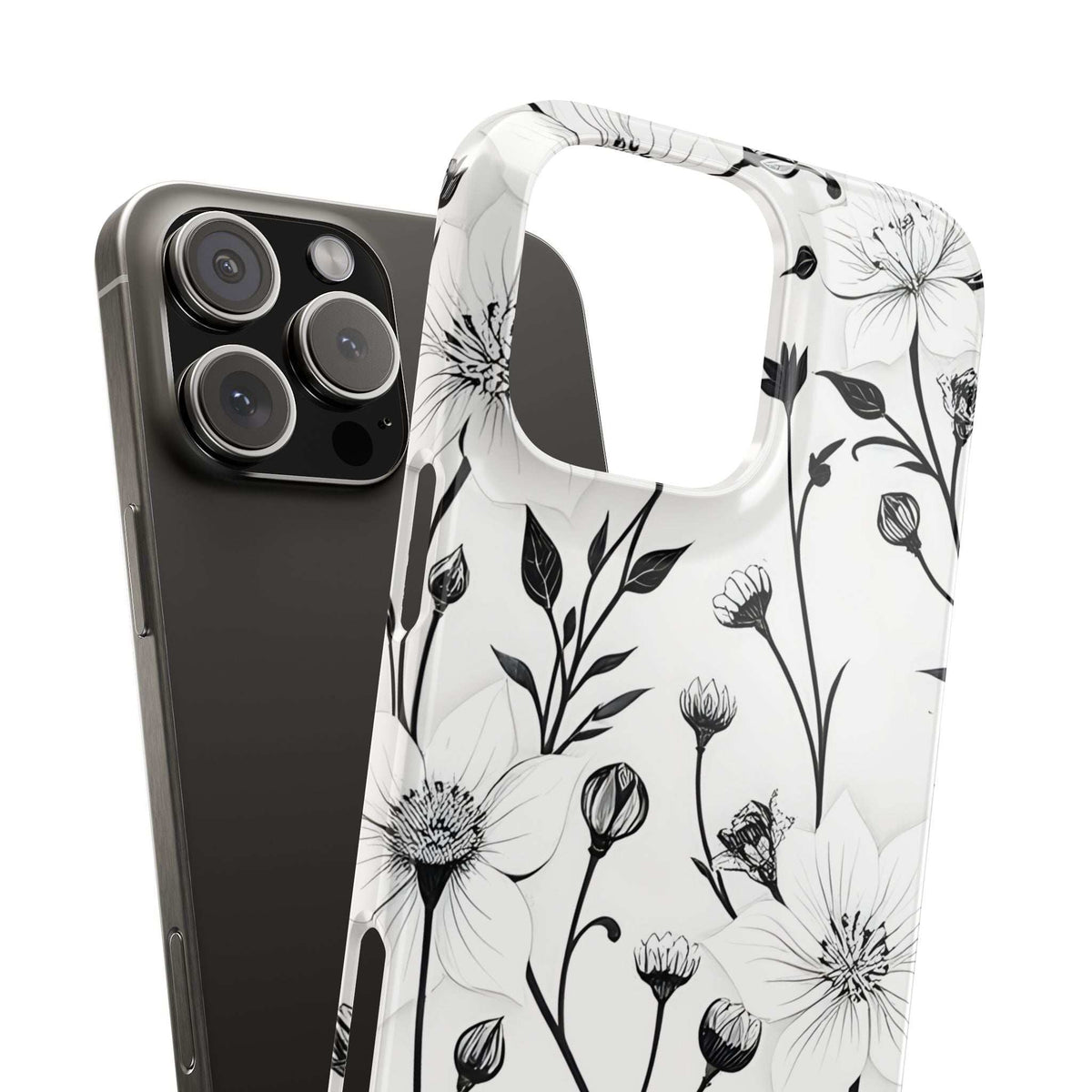 Monochrome floral phone case with cutout window and black-and-white flower pattern.