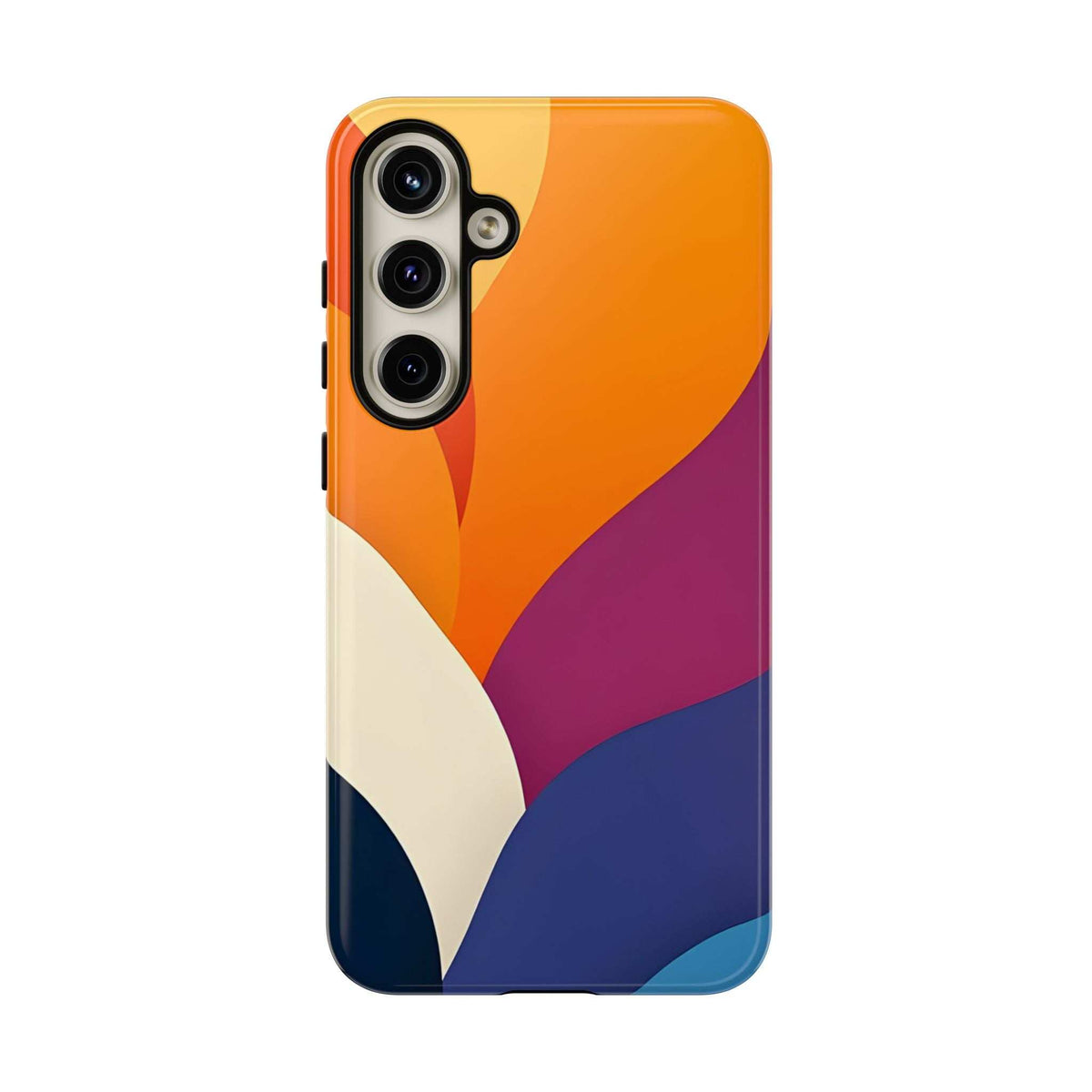 Abstract geometric phone case with orange, purple, blue, and white pattern; camera cutouts