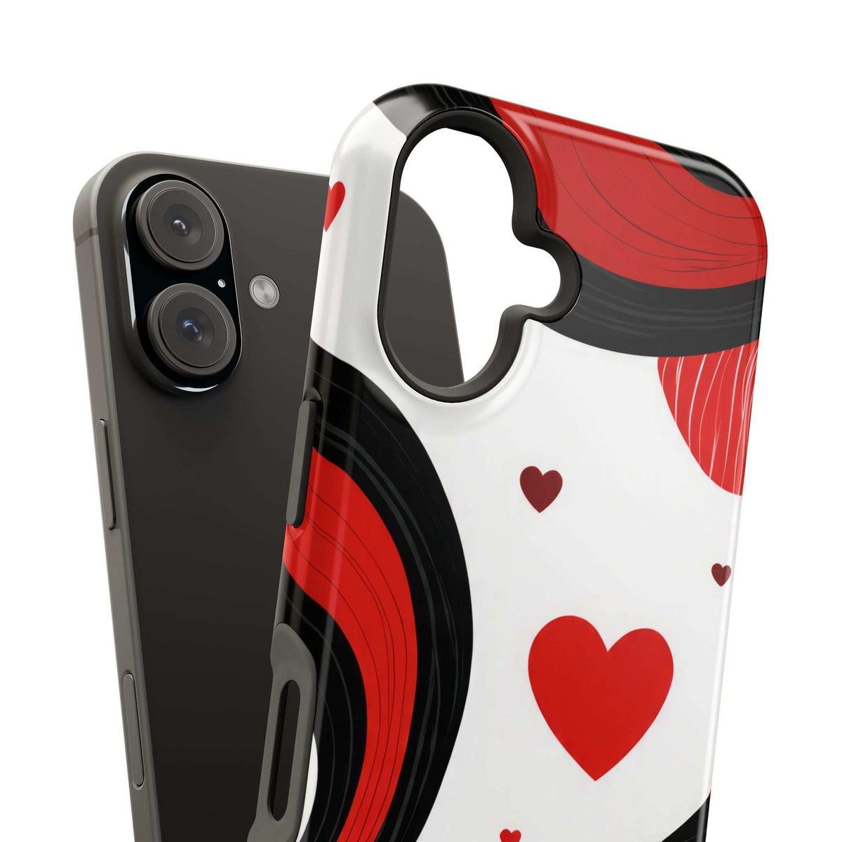 Glossy phone case, raised camera bump; large heart and small hearts on white