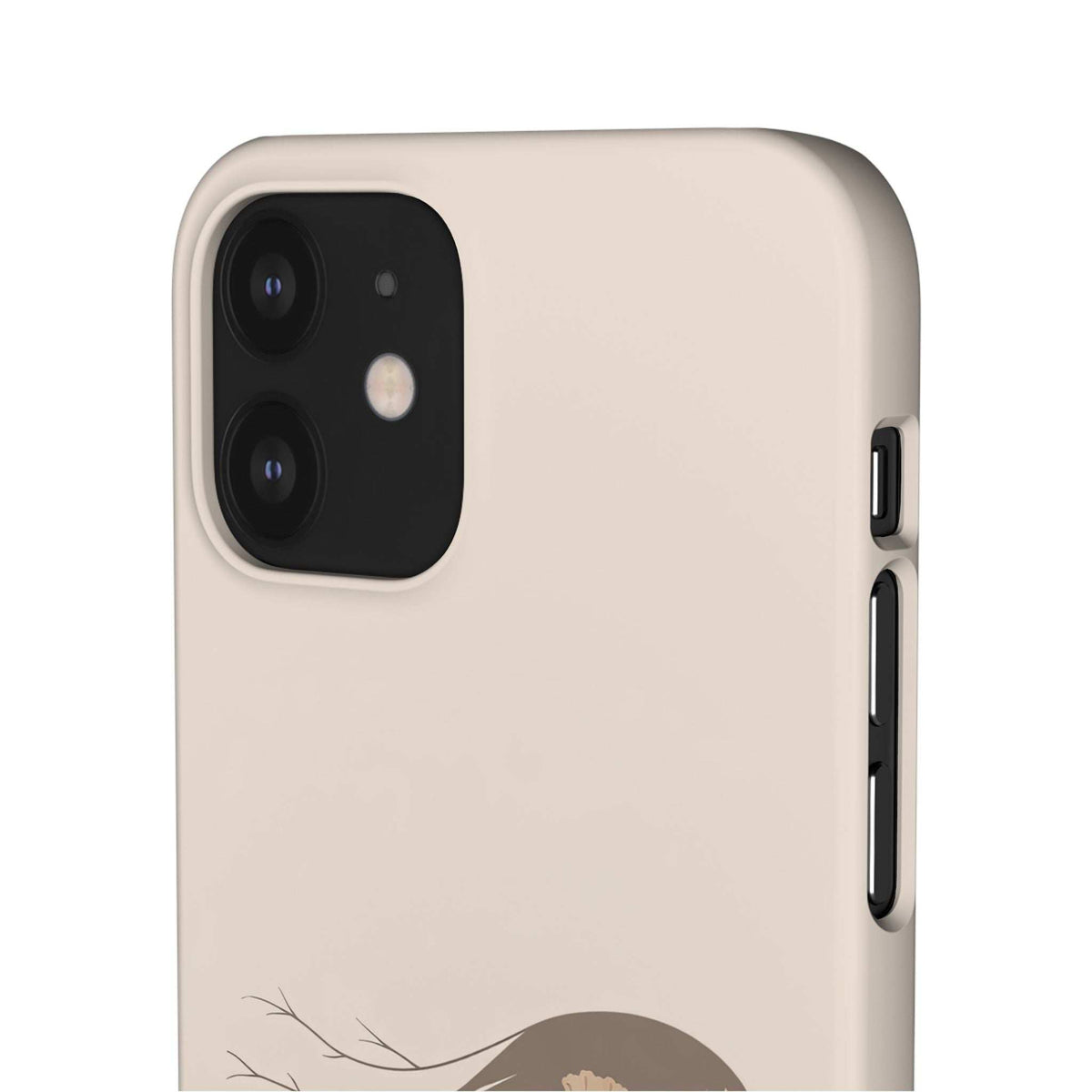 Beige phone case with dark camera cutout, side button cutouts, floral branch artwork