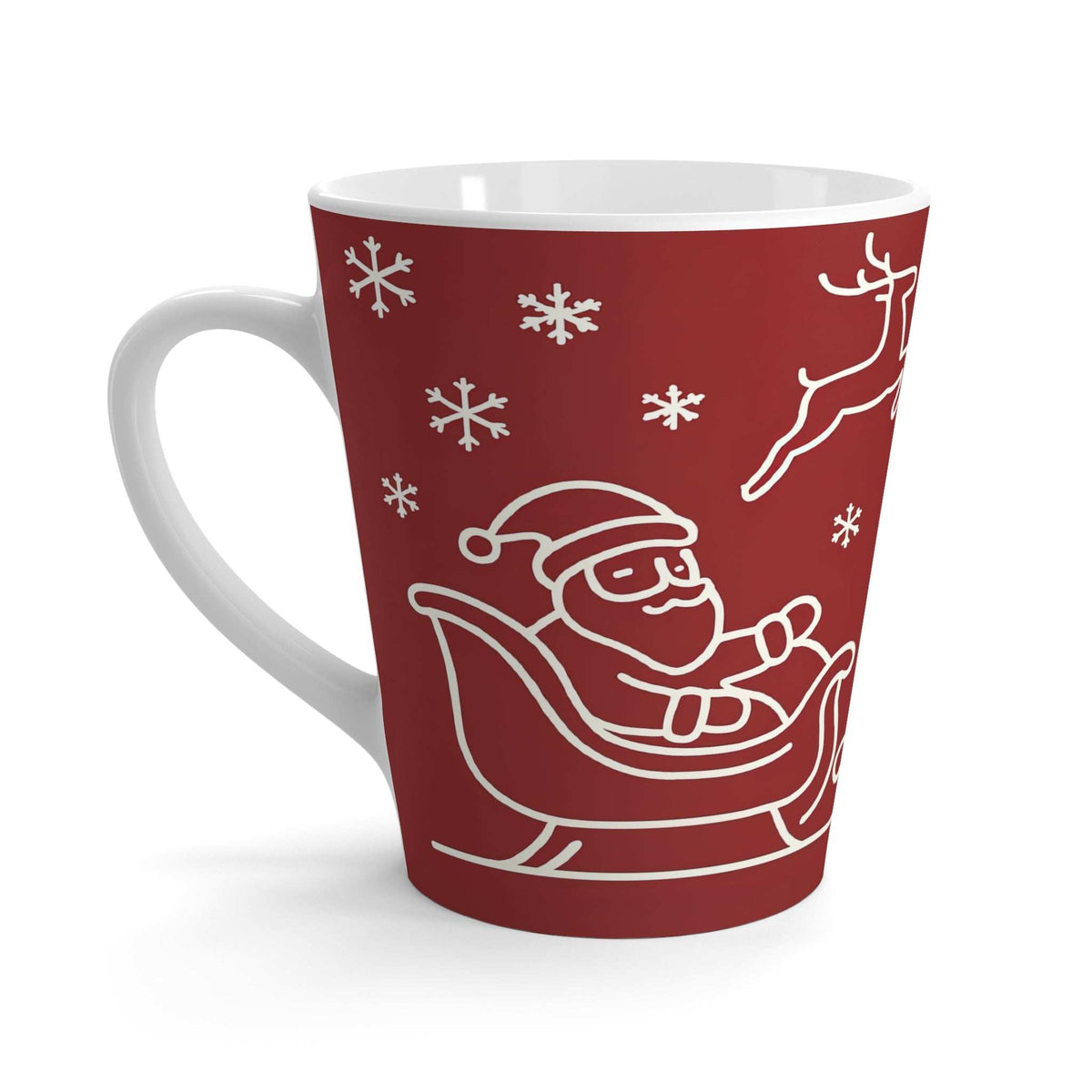 Latte mug in burgundy with white holiday icons, including snowflakes and reindeer