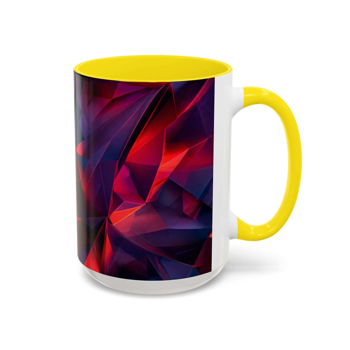 Ceramic mug with yellow handle and lid, white body and blue-red crystalline pattern (right)
