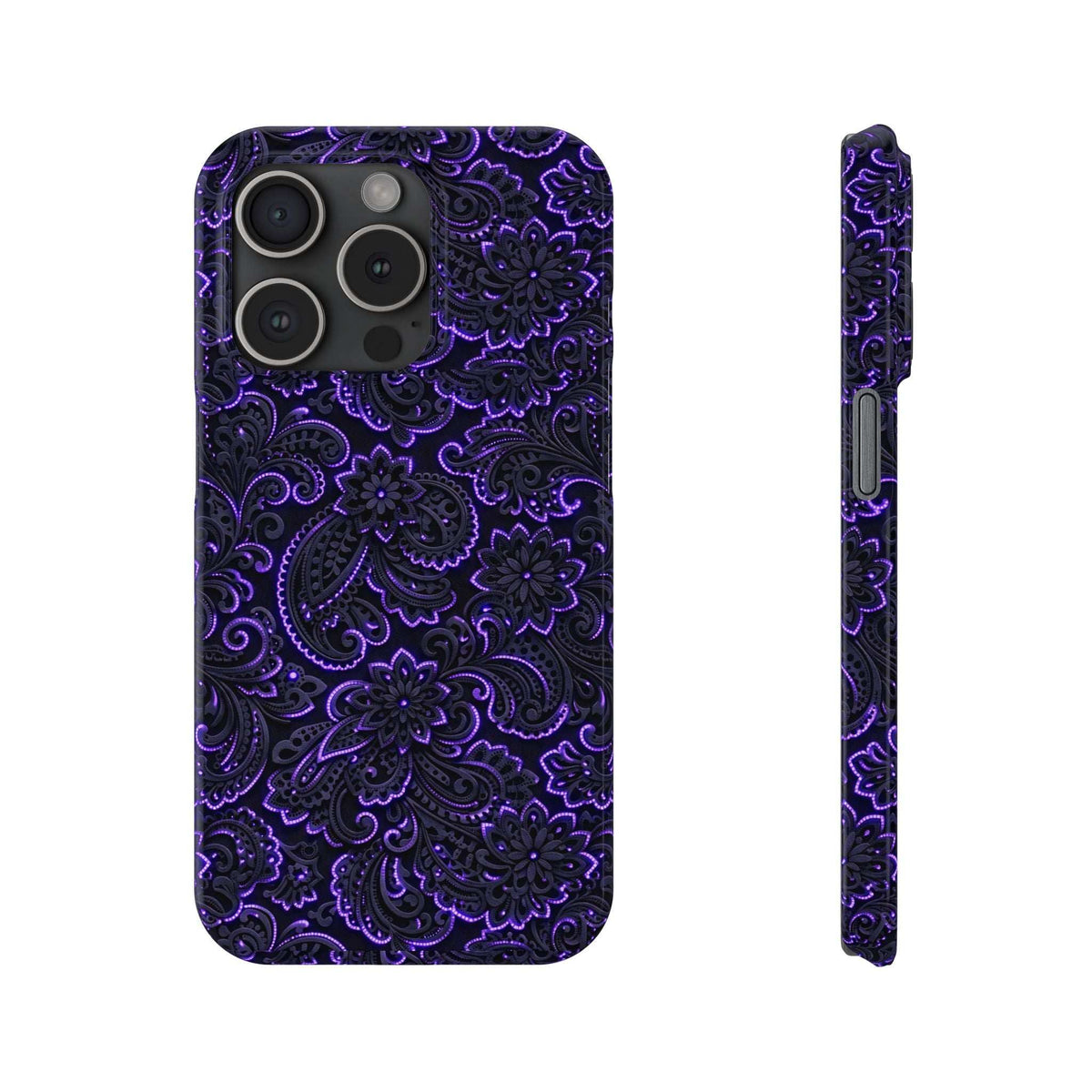 Purple neon paisley phone case front with raised camera area and patterned edges.