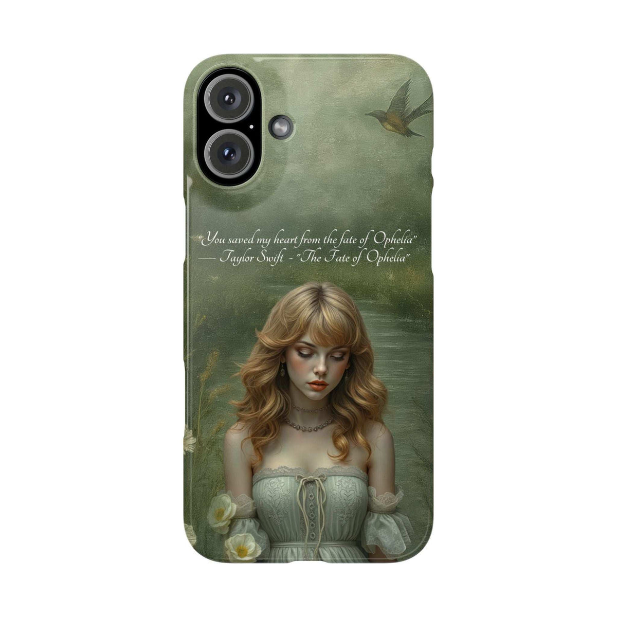 Green phone case with blonde girl artwork, bird, flowers, and camera cutouts.