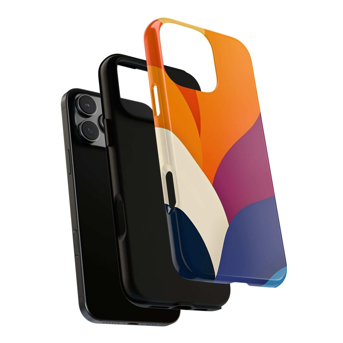 Phone case with orange, purple, and blue abstract shapes; protective edge around camera