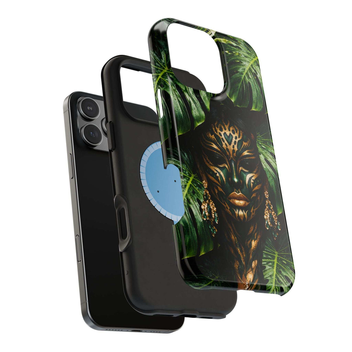 Jungle-themed phone case with lion face and green foliage, slim protective cover