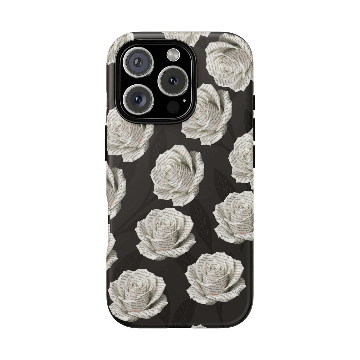 Phone case back view with black background and white roses, dual lens camera module at top.