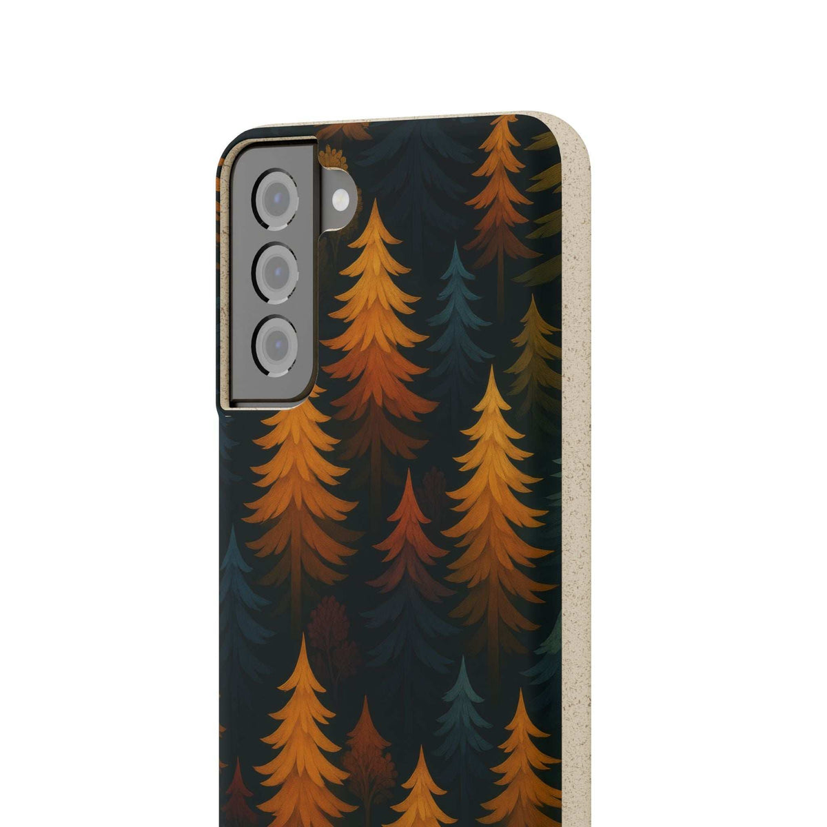Biodegradable phone case close-up with orange tree pattern and camera lens cutouts