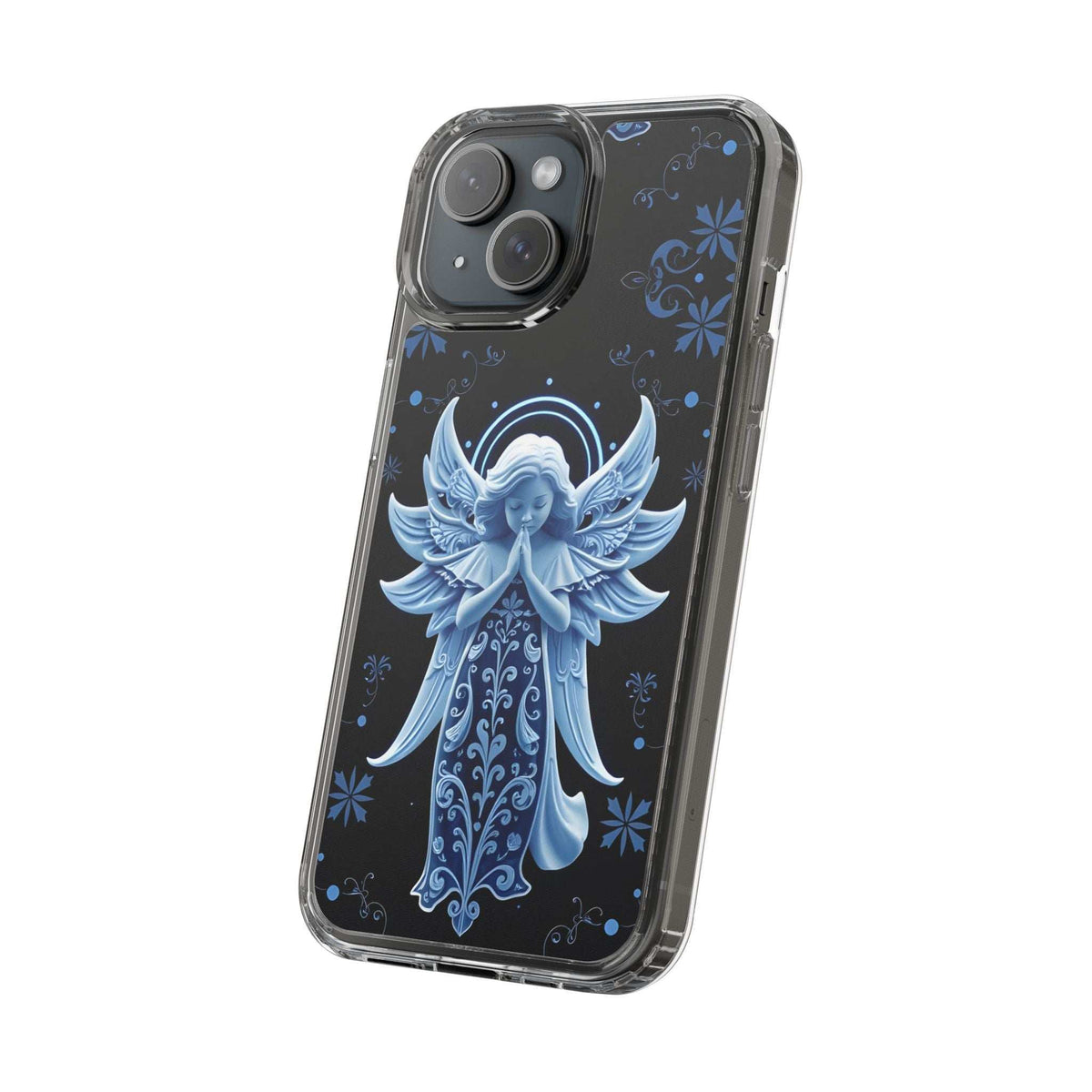 Phone case with clear protective frame and blue angel prayer artwork, rounded camera cutout