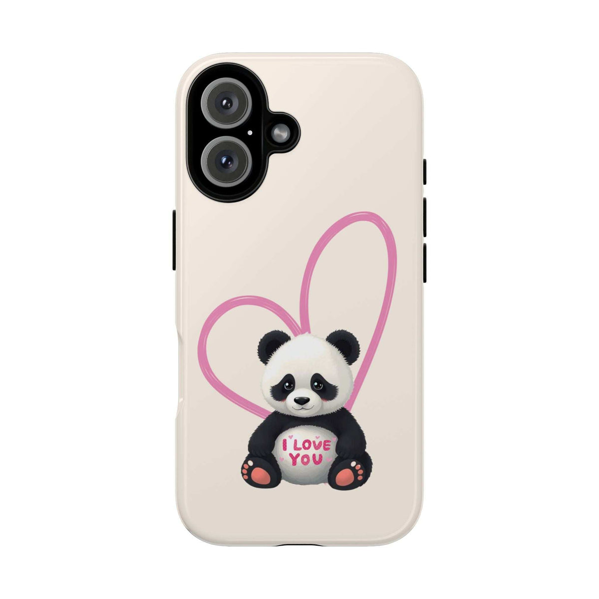 Beige phone case with cute panda holding 'I love you' in pink heart outline