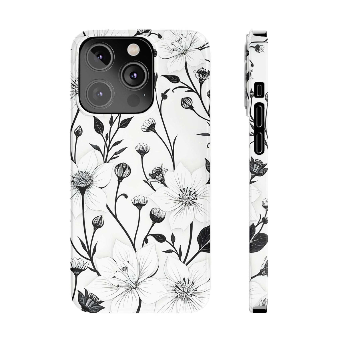 Monochrome bloom floral phone case in white with black outlined flowers; back with camera cutout