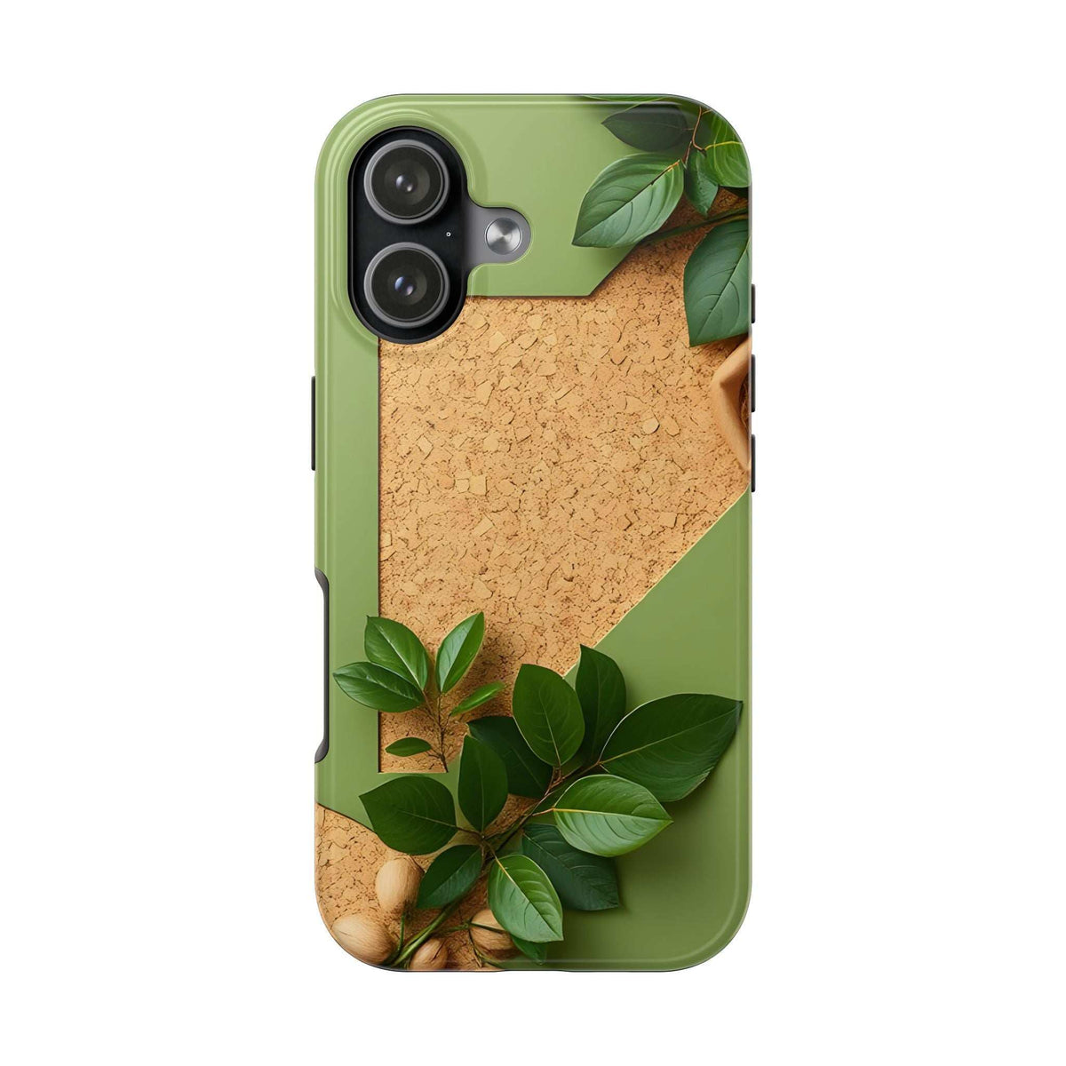 Olive green phone case with cork-look panel and leaf motif; camera cutouts and button openings