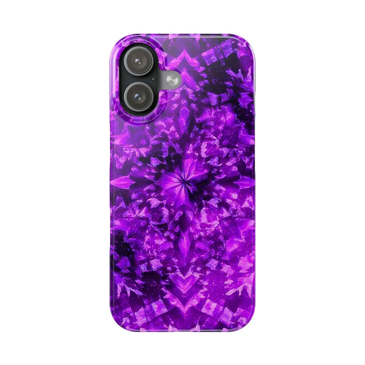 Purple kaleidoscope phone case with glossy finish and flower burst center