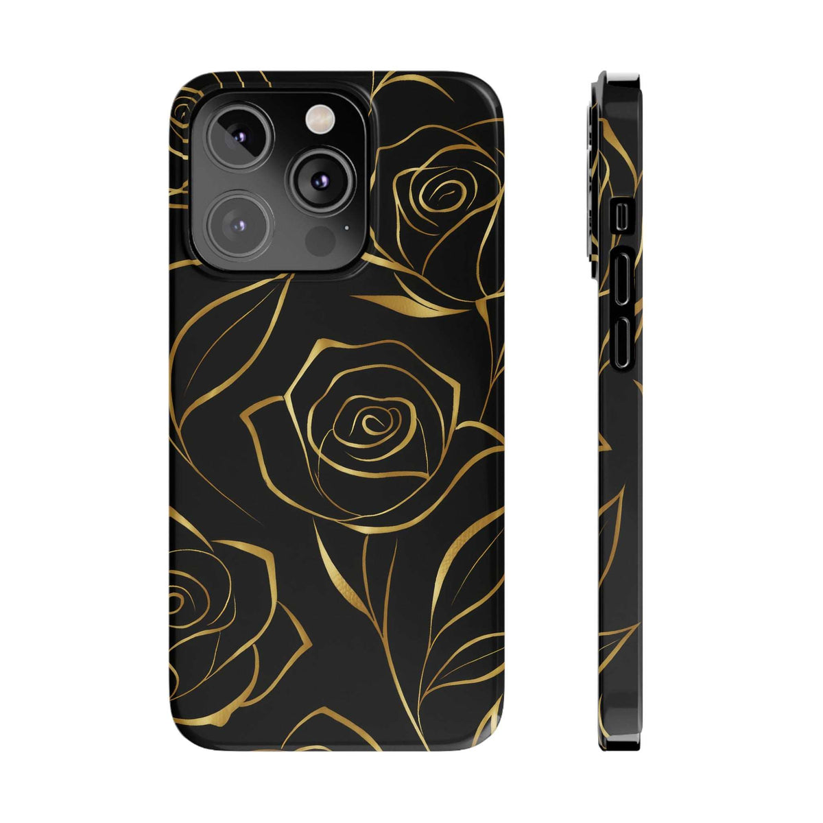Black iPhone phone case with gold rose design and full side protection with button cutouts