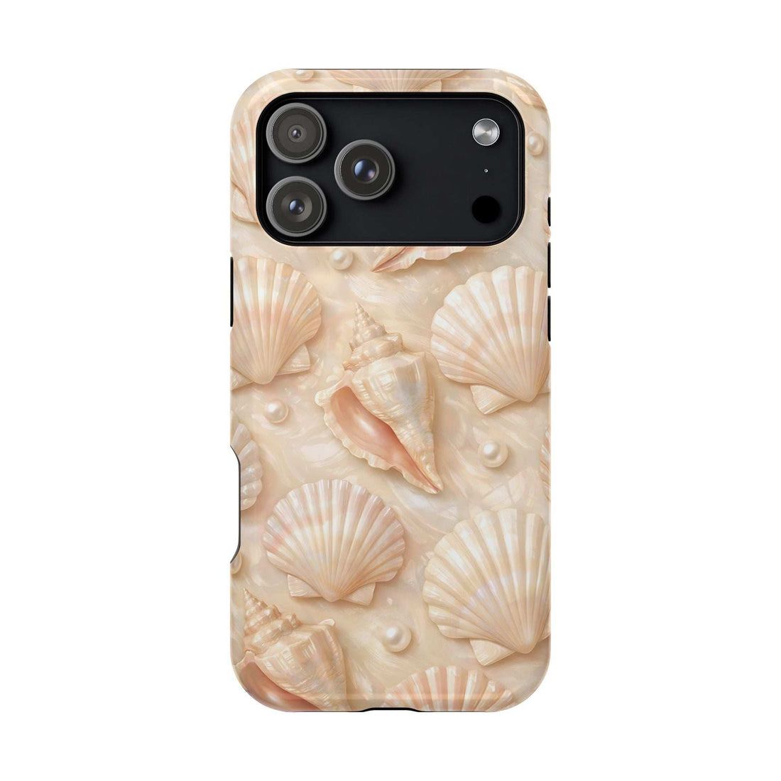 Seashell phone case with cream shell pattern, MagSafe cutouts for rear cameras