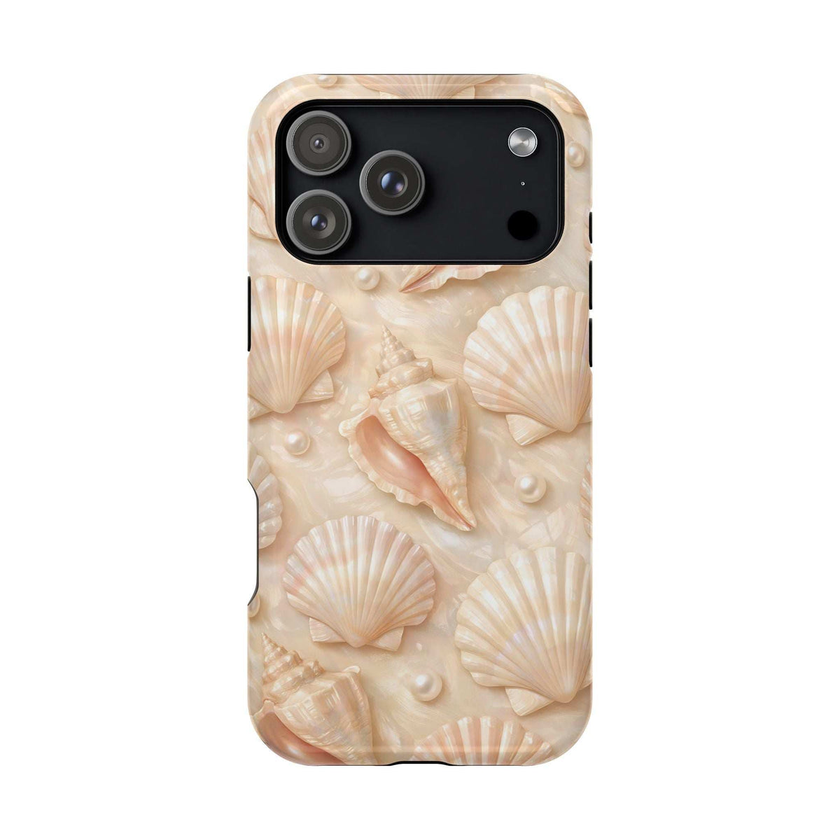 Seashell phone case with cream shell pattern, MagSafe cutouts for rear cameras