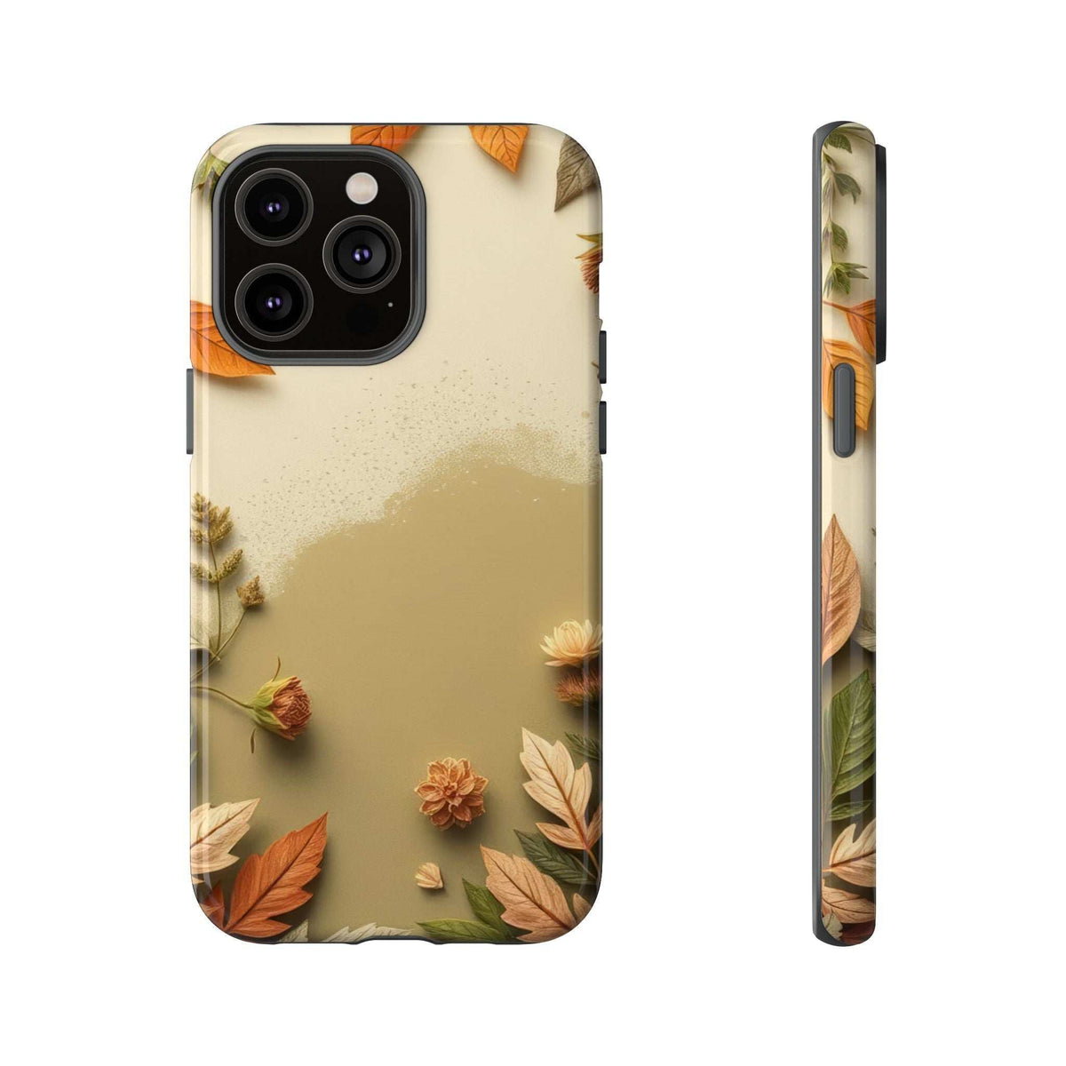 Slim phone case with autumn leaves pattern on beige, cutout for triple camera