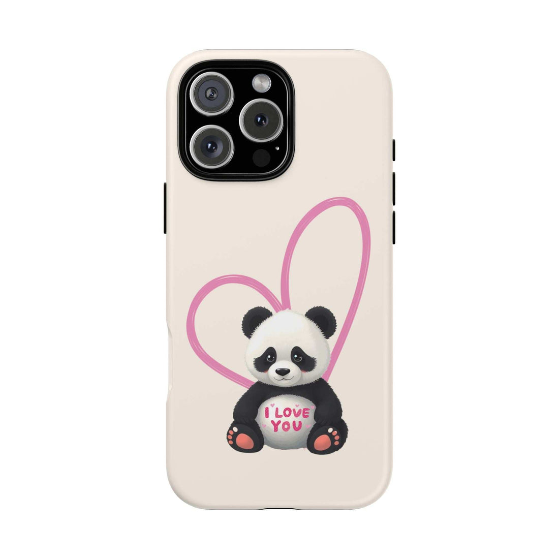Cute panda heart phone case with black camera cutouts and pink heart outline