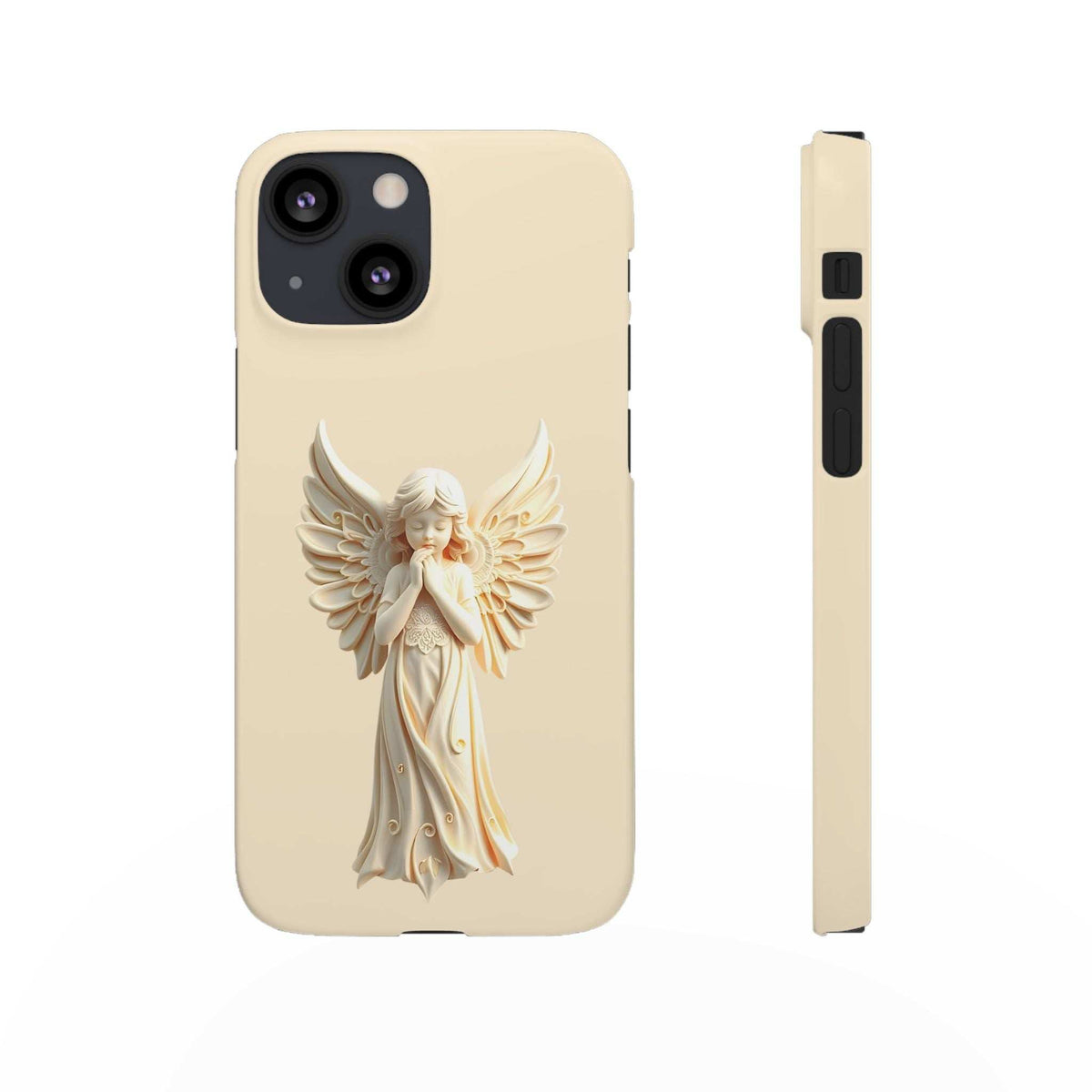 Beige phone case with winged angel cherub illustration and side profile protection