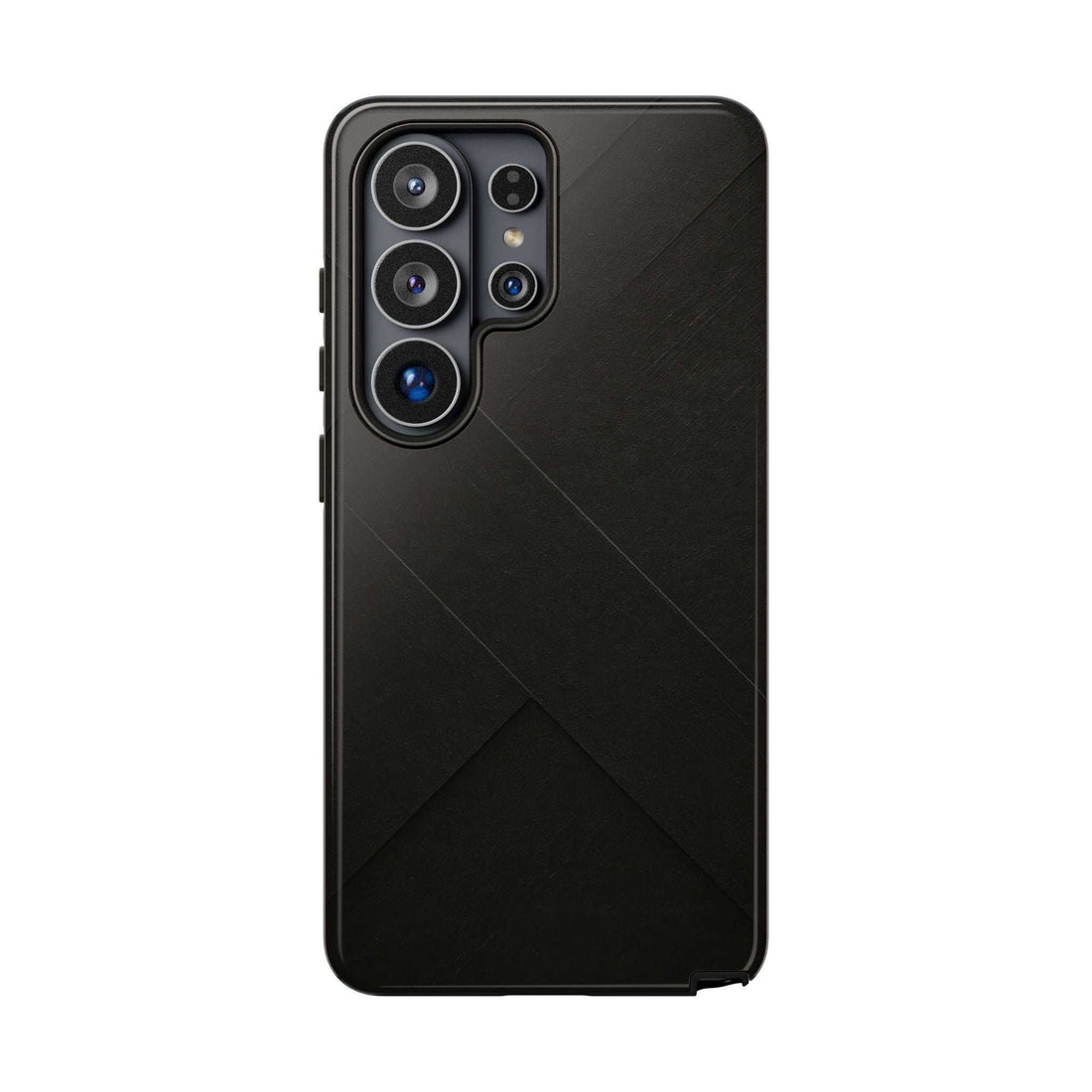 Matte black phone case, back view with diagonal line pattern; camera module cutouts.