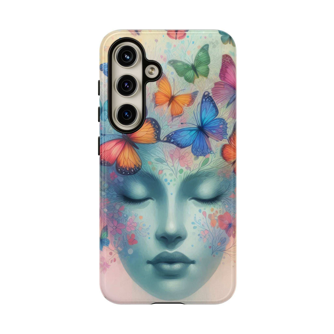 Phone case with colorful butterfly face artwork and raised camera cutouts