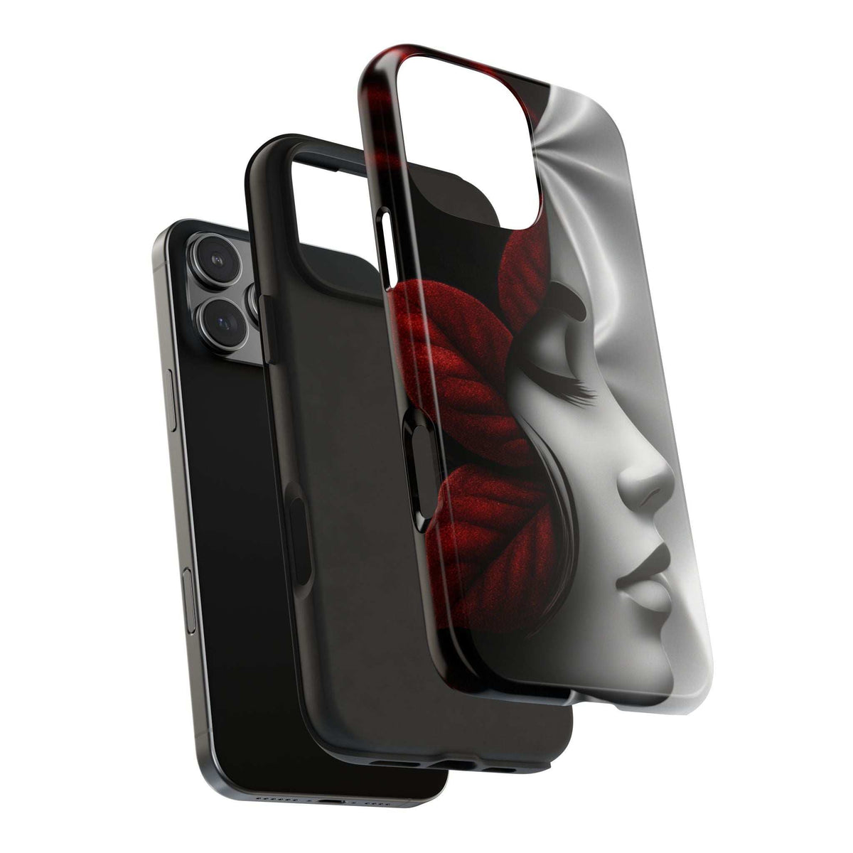 Black and silver phone case with red rose profile artwork for iPhone and Galaxy