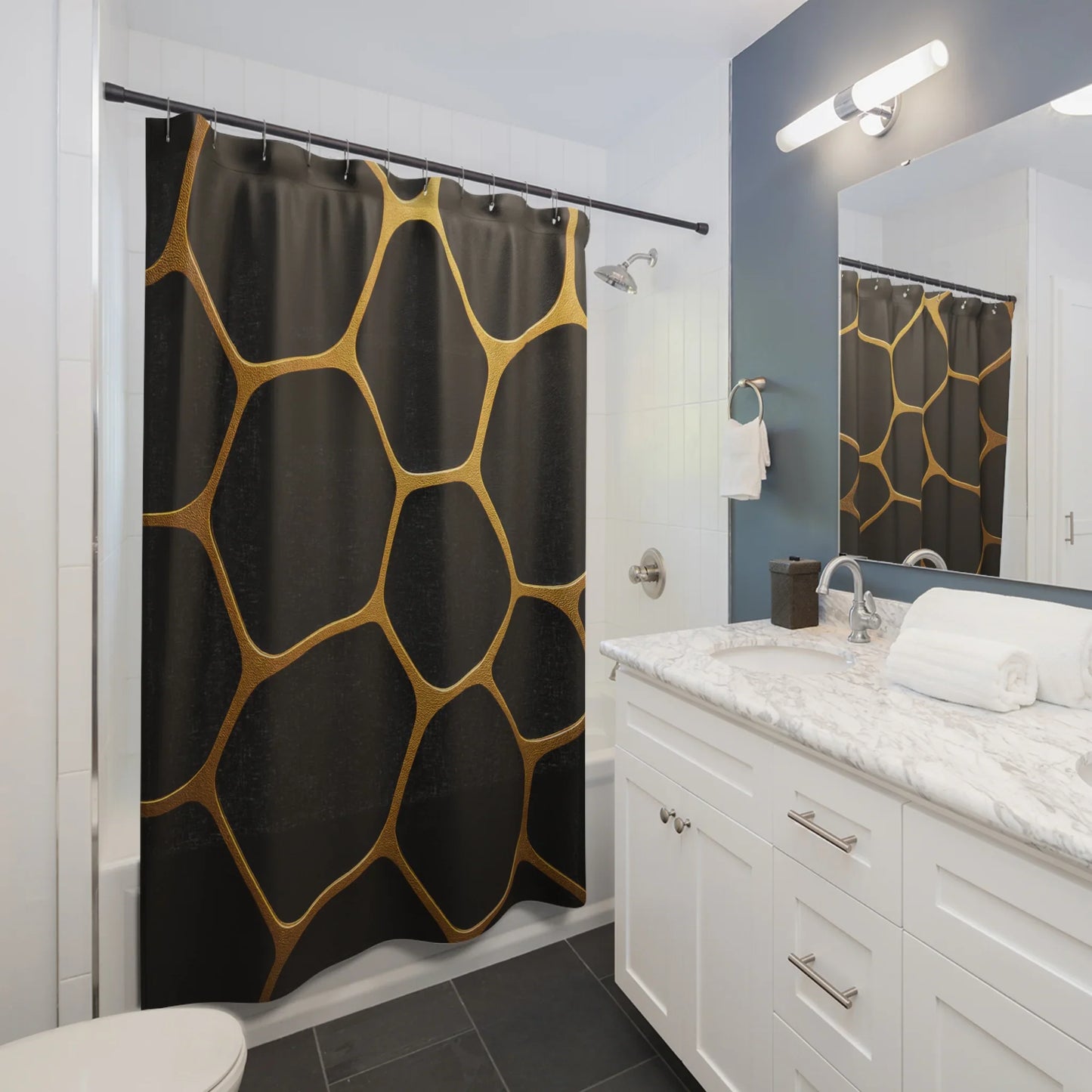 Dark Textured Shower Curtain - Golden Cellscape - KarArmDesign