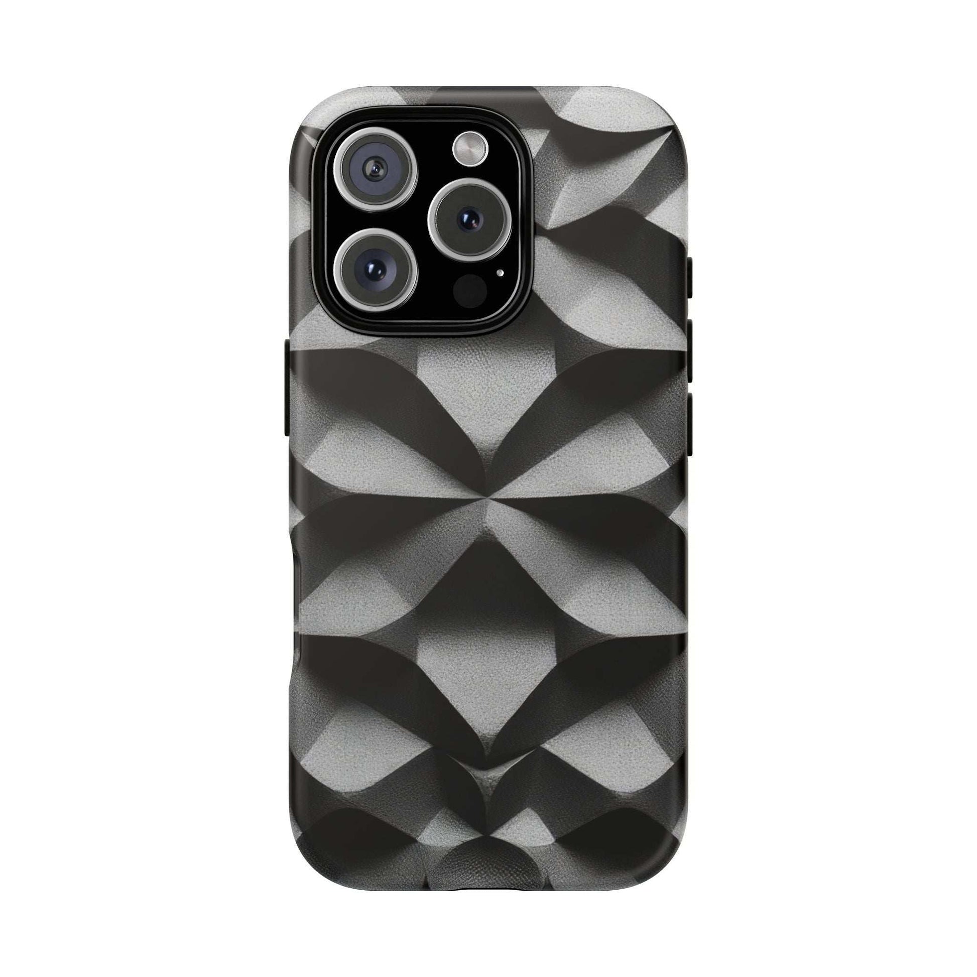 Rugged phone case showing a black-and-gray geometric pattern; camera cutouts and bezel