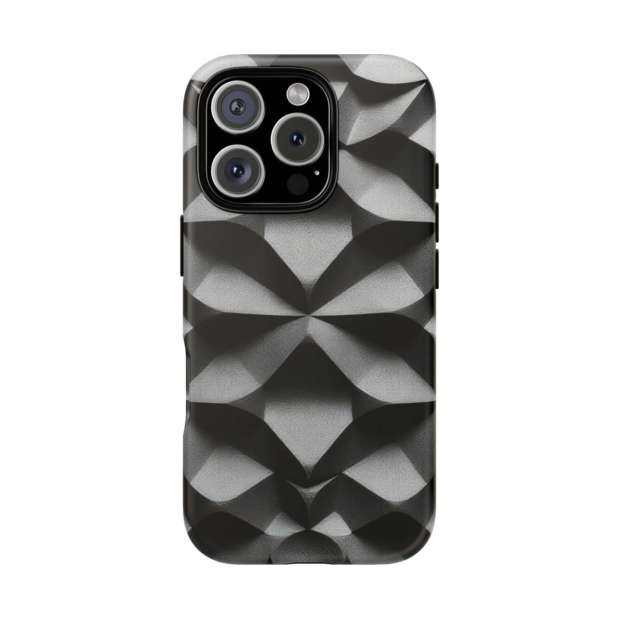 Rugged phone case showing a black-and-gray geometric pattern; camera cutouts and bezel