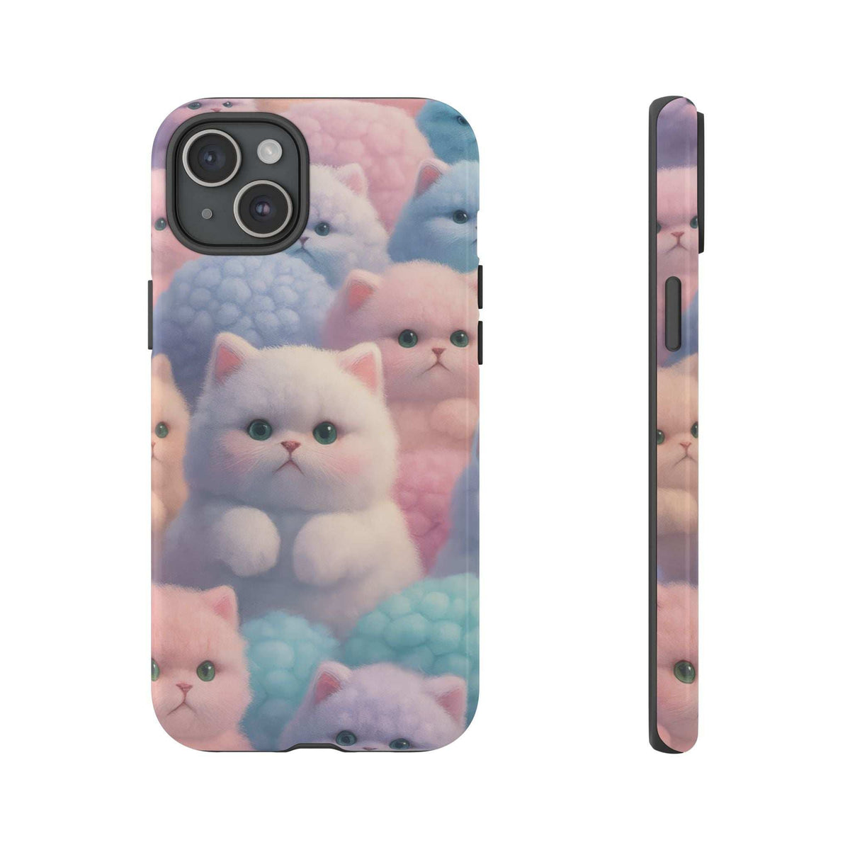 Pastel kitten phone case side view, glossy slim shell with button cutouts