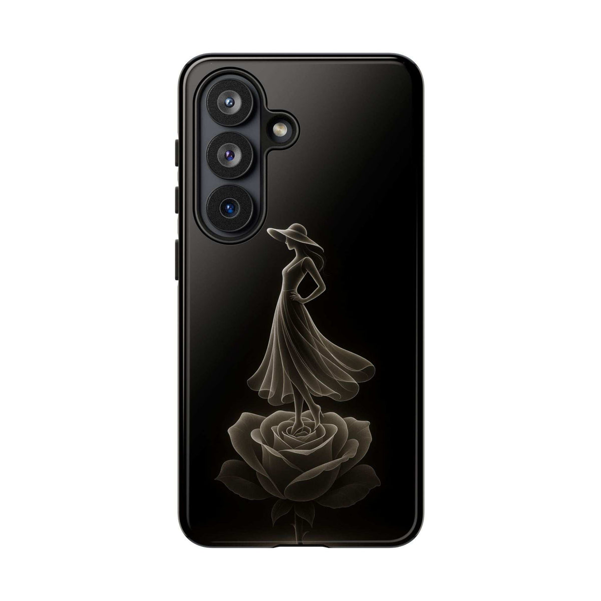 Glossy black phone case with ballet dancer silhouette and rose design, side buttons visible.