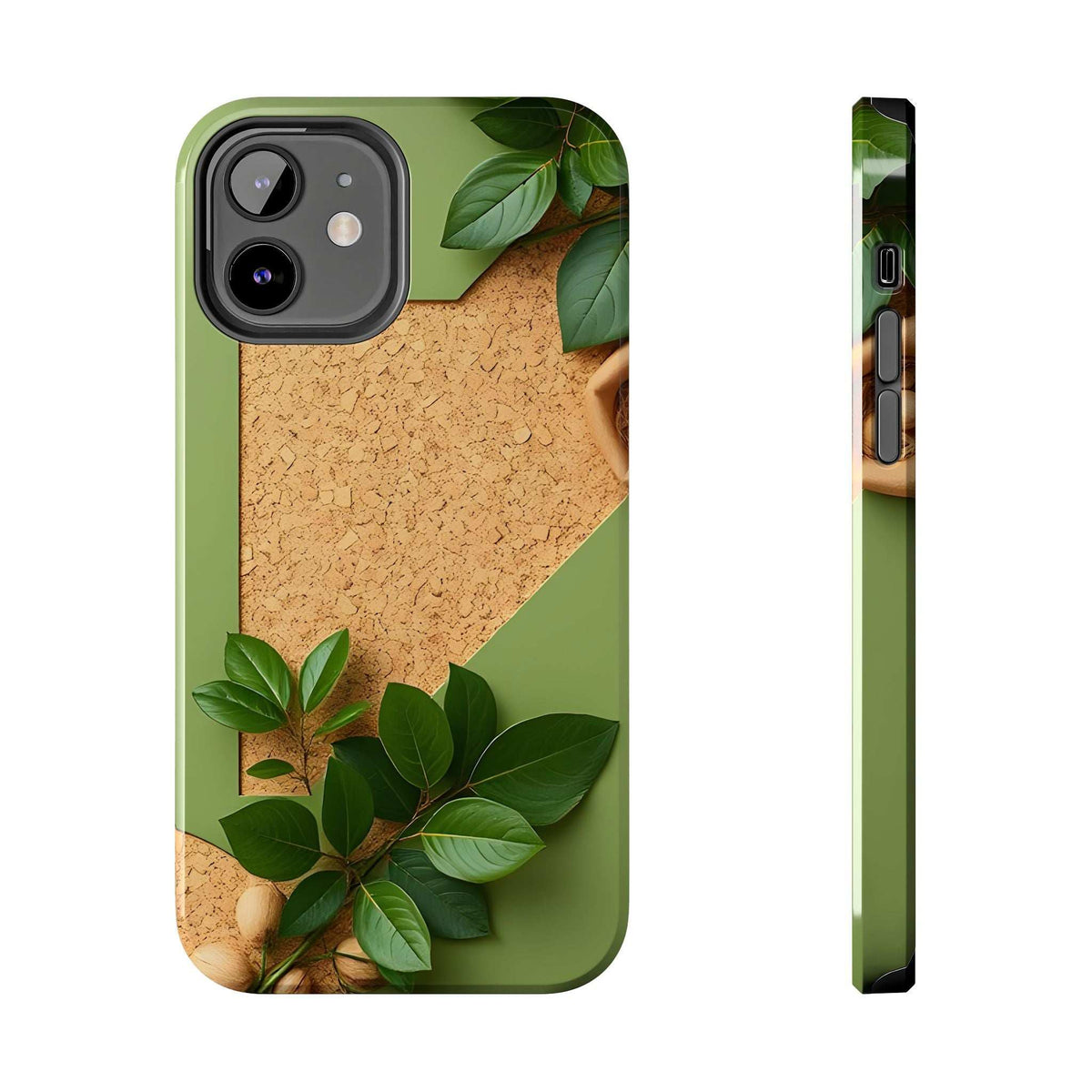 Eco phone case front and side view in green with tan cork texture and leaf graphics