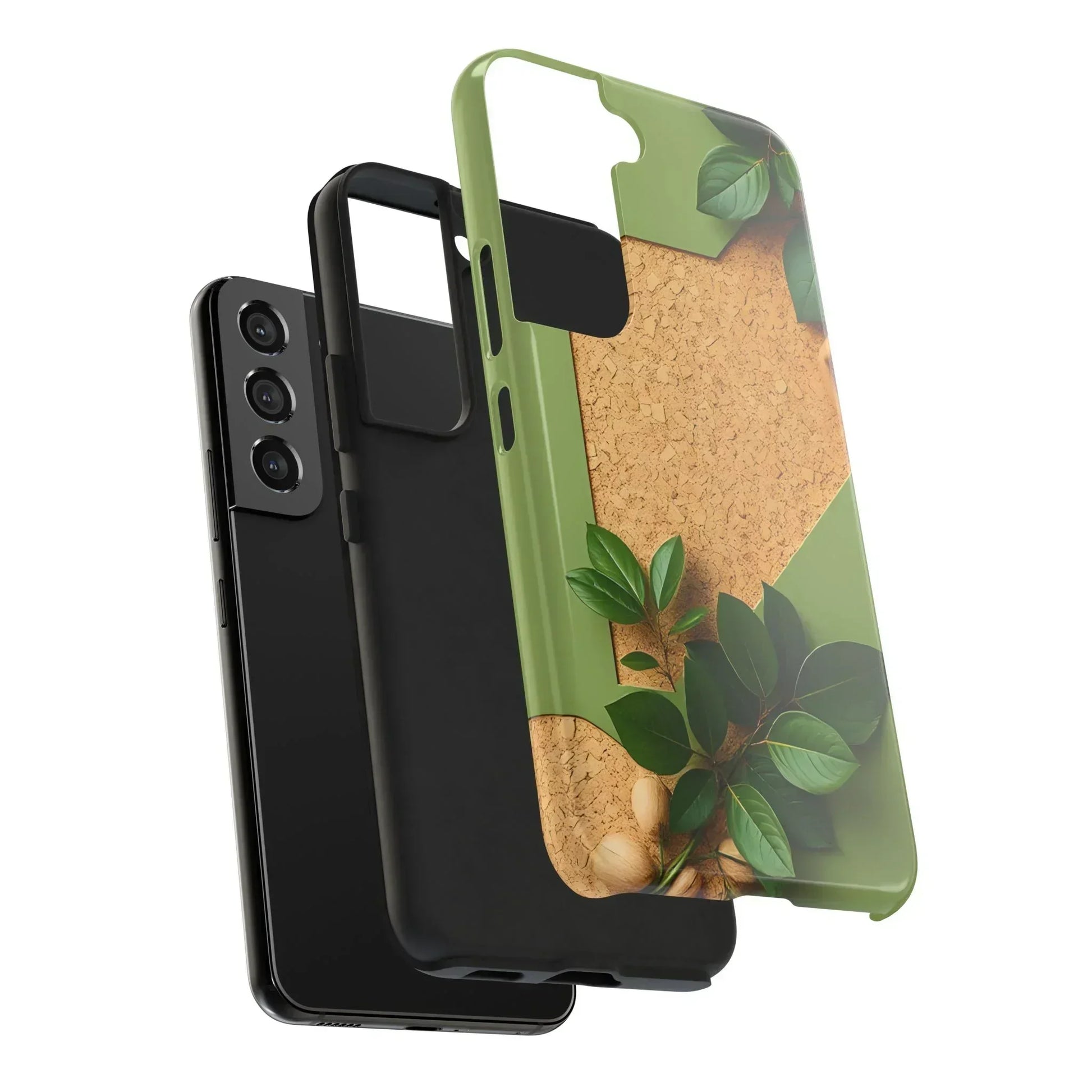 Eco-Inspired Tough Phone Case – Cork Texture with Leaf & Seed Design for iPhone 7-16 and Samsung Galaxy S21-S24 - KarArmDesign