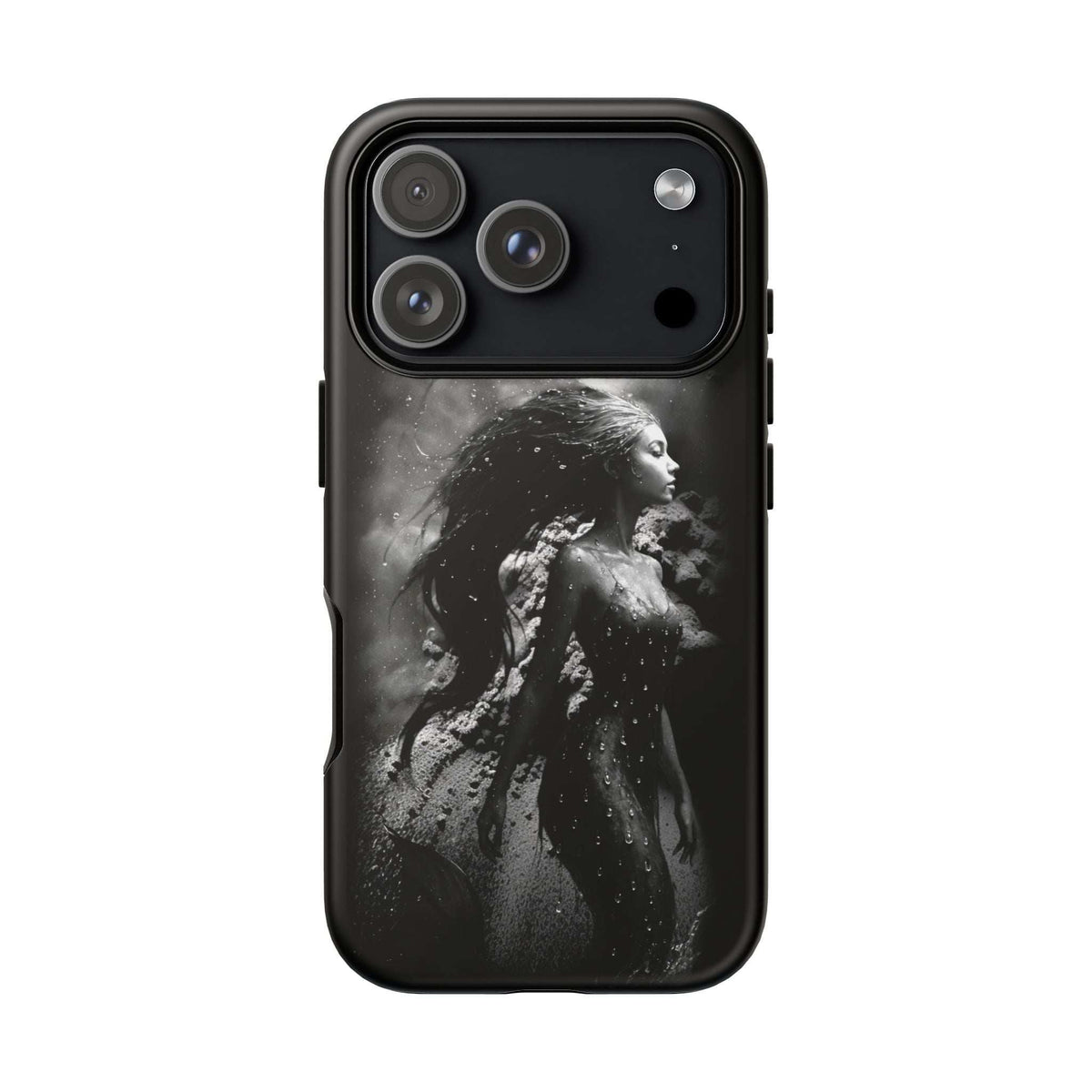 Black mermaid-themed phone case with dual-lens camera window