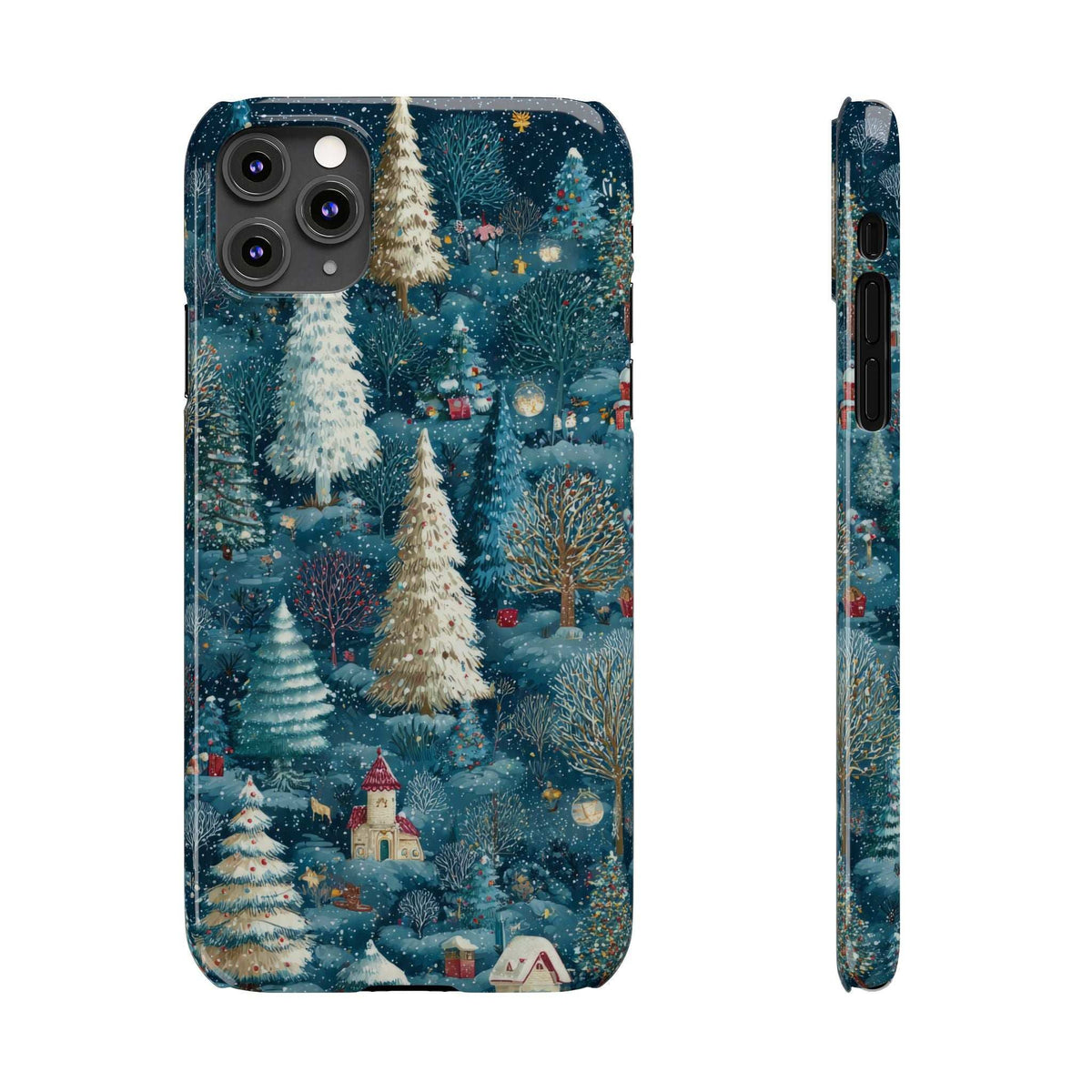 Frosty forest phone case with snowy trees and houses, camera cutouts visible.