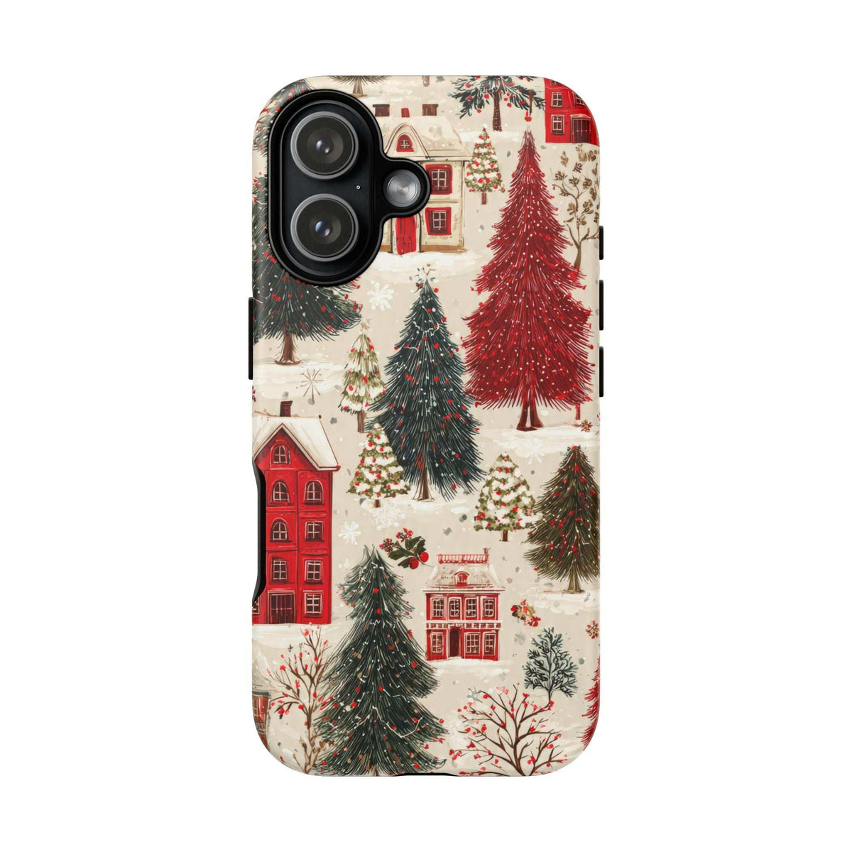 Winter village phone case with red buildings, snowy evergreens, and camera openings