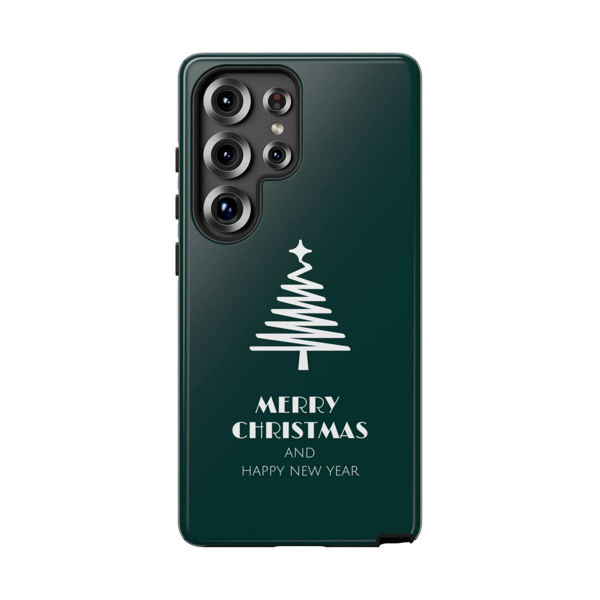 Green phone case with Christmas tree graphic, Merry Christmas lettering, and camera cutouts