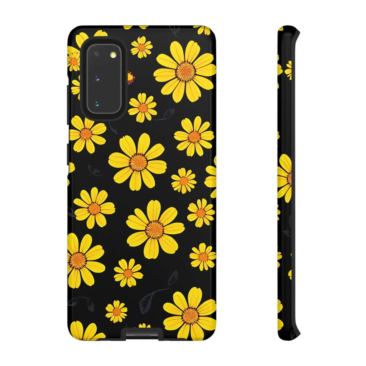 Black phone case with yellow daisies on back; side profile shows raised edges