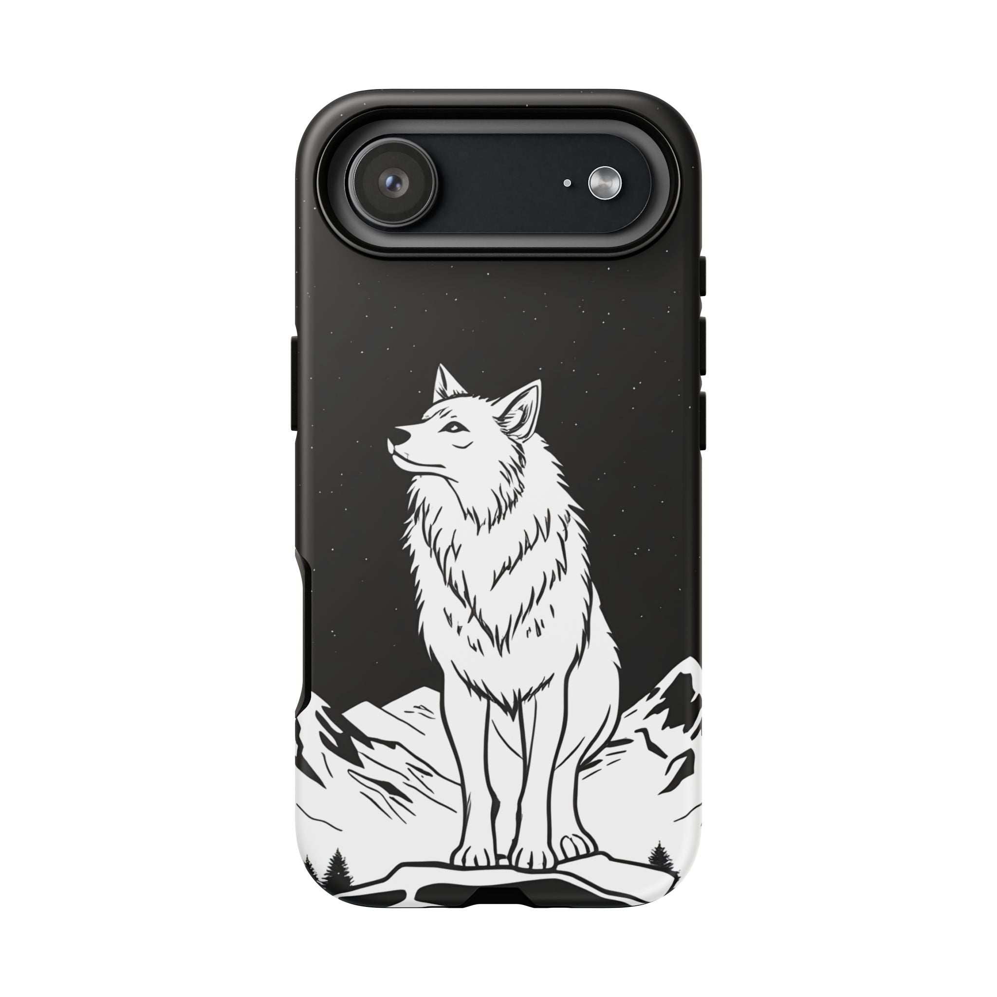 Black wolf phone case with long camera cutout and protective raised edge