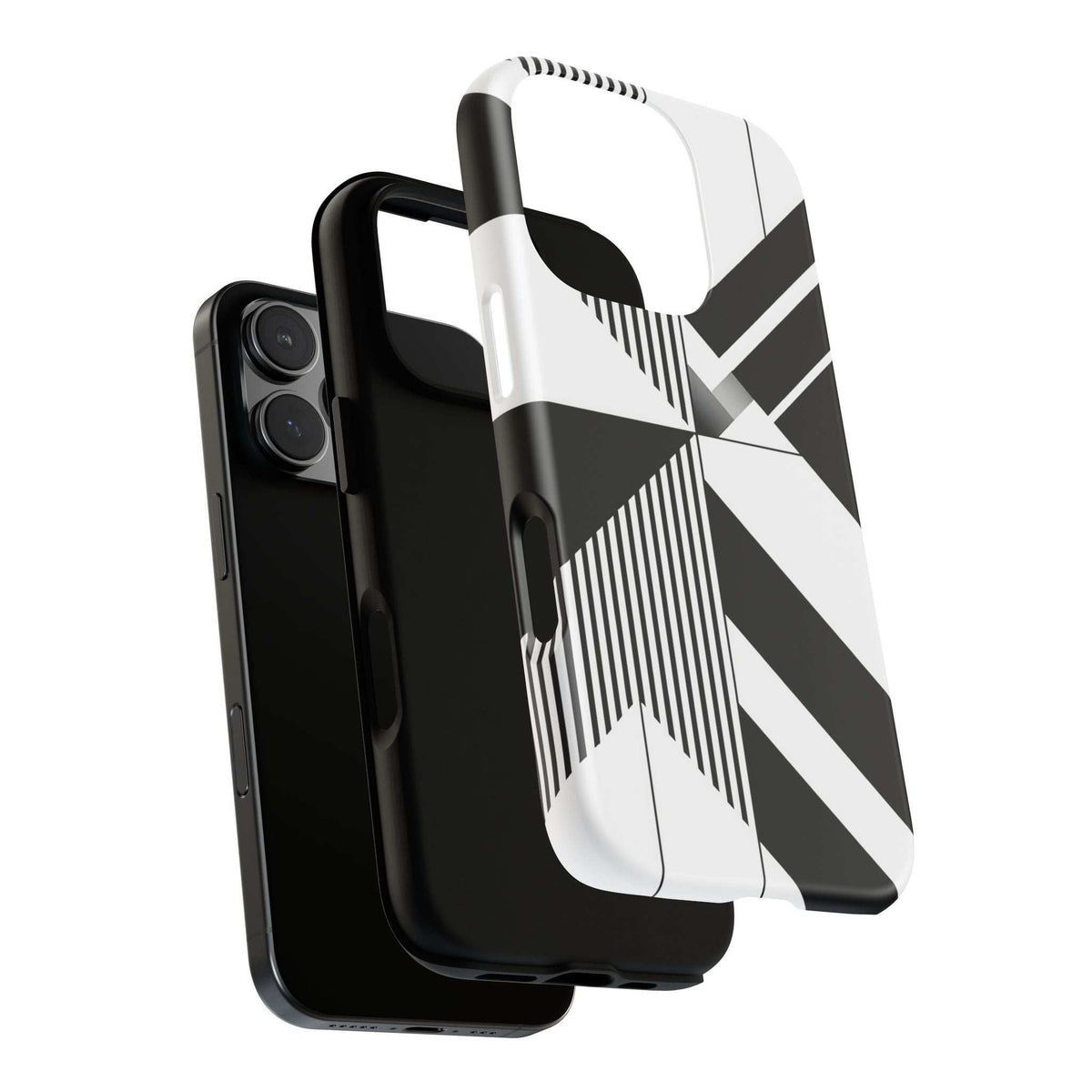 Monochrome tough phone case with black-and-white geometric pattern, phone side buttons visible