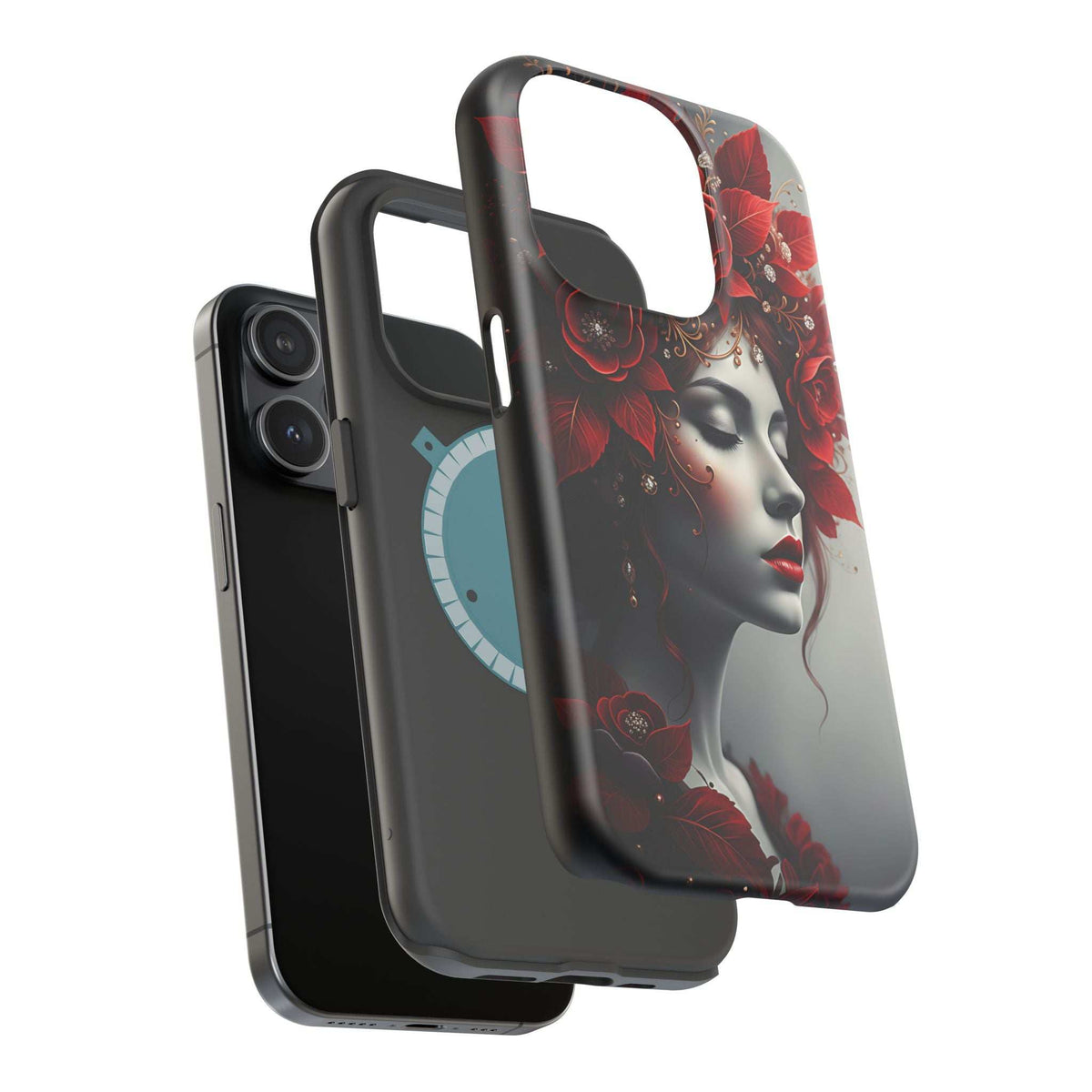 Portrait phone case with red floral woman art and blue pendant, side and camera area