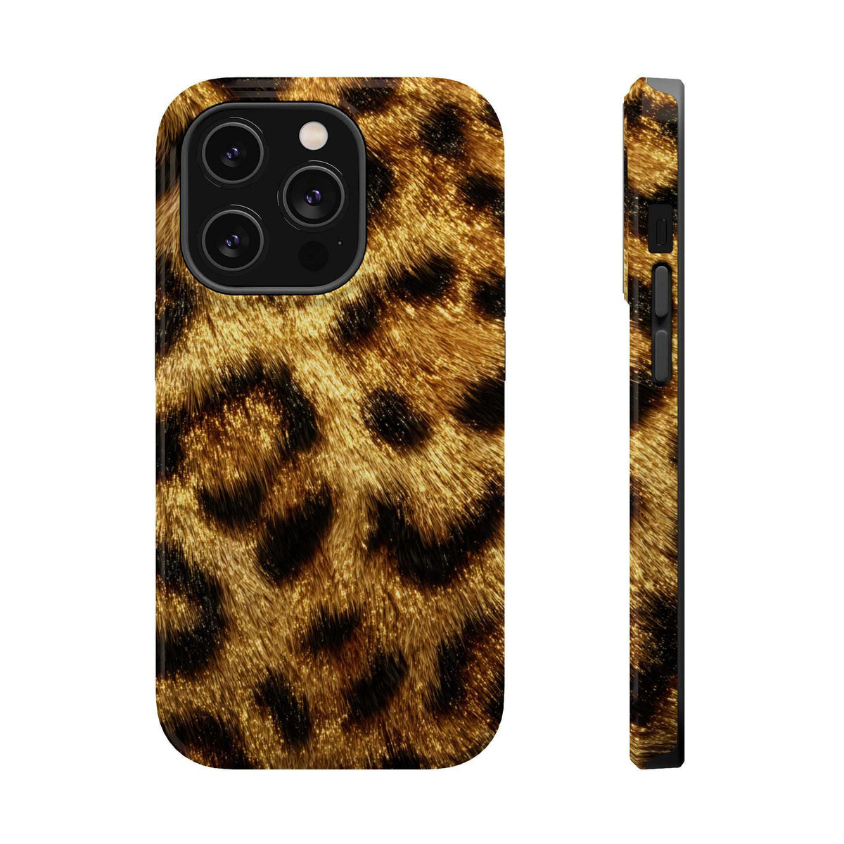 Leopard print phone case, glossy yellow and black spot pattern with black camera frame