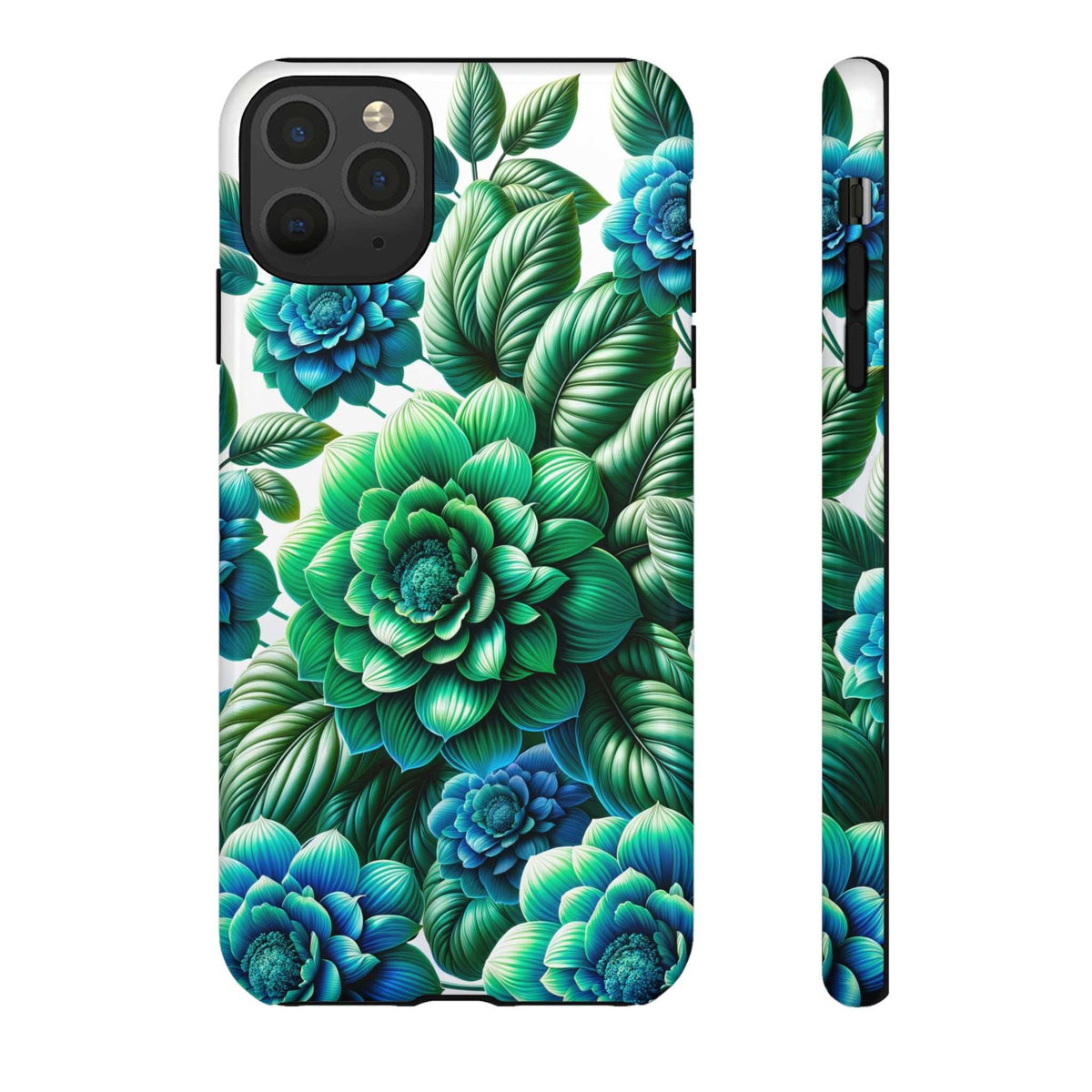 Green and blue floral phone case front with camera openings and side profile shown